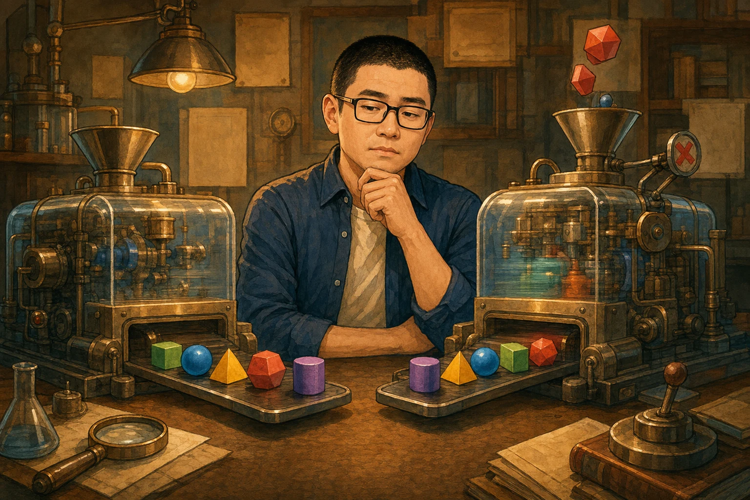 Mark compares two transparent data machines that produce the same geometric tokens in different orders