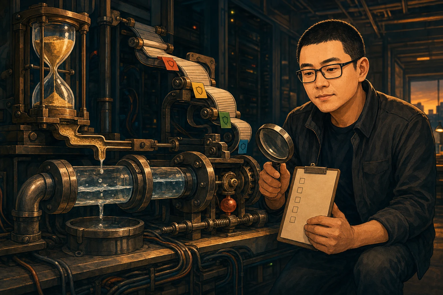 Mark uses a magnifying lens to inspect connected timer, drainage, trace, and stalled-thread mechanisms