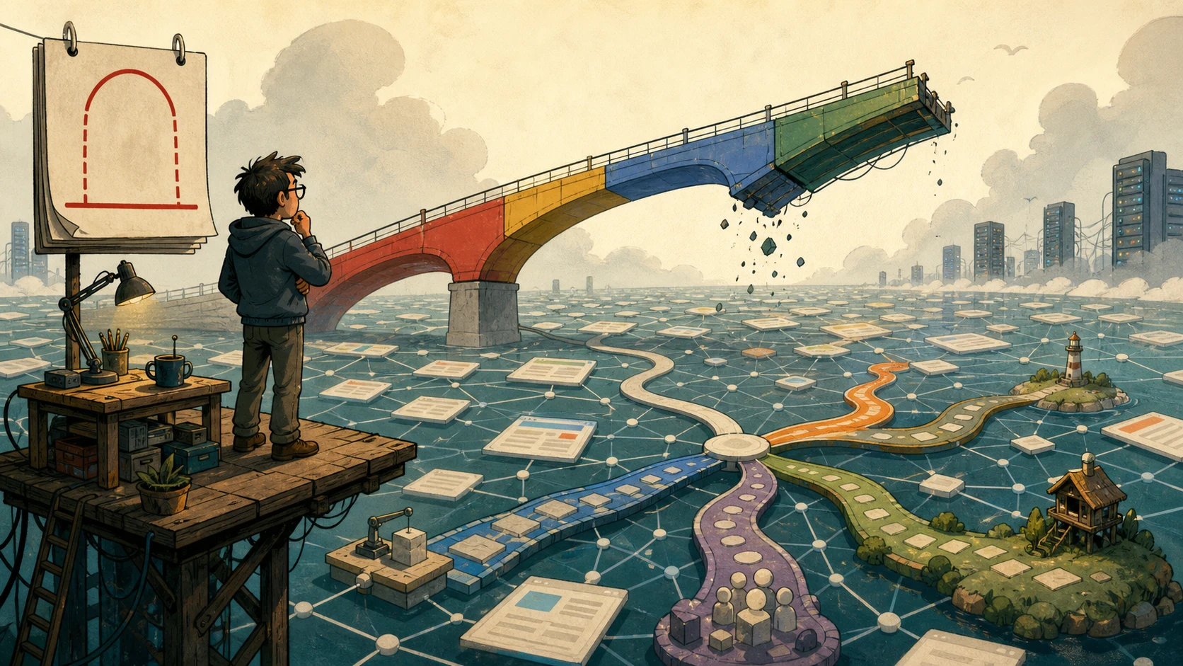A cartoon developer watches a multicolored search bridge break while several replacement roads branch across the web below