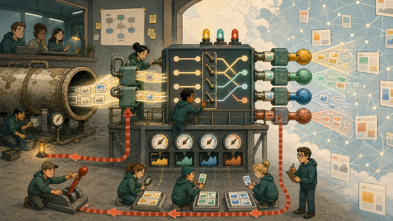 A cartoon team routes an aging search pipeline through a monitored switchyard toward several providers while keeping a rollback lever ready