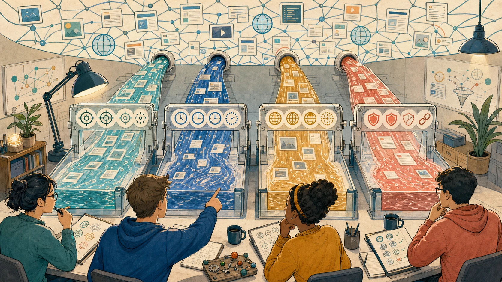 Cartoon engineers compare four streams of search results through gates marked with target, clock, globe, shield, and link symbols