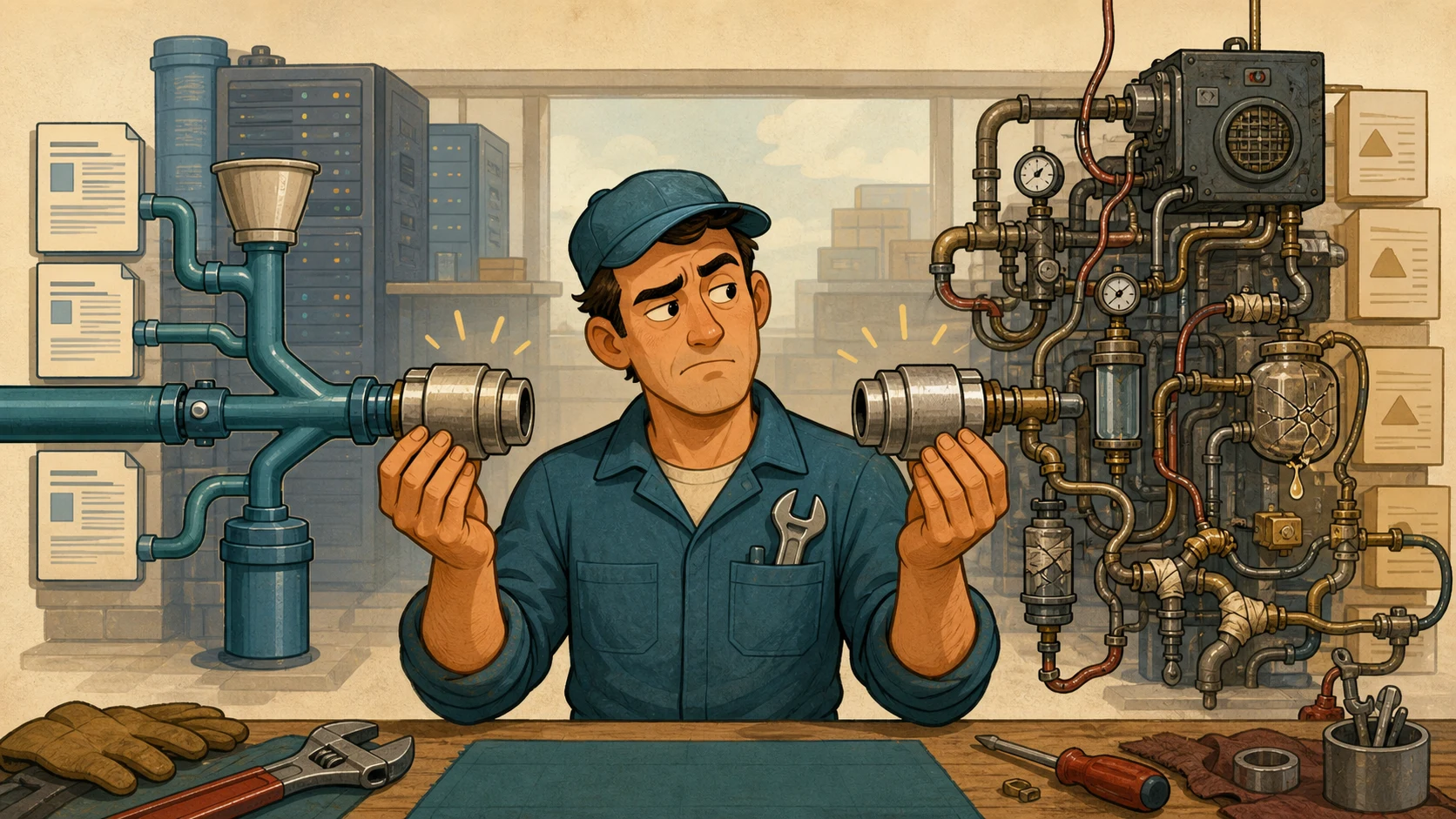 A cartoon mechanic compares matching pipe connectors attached to very different search machinery