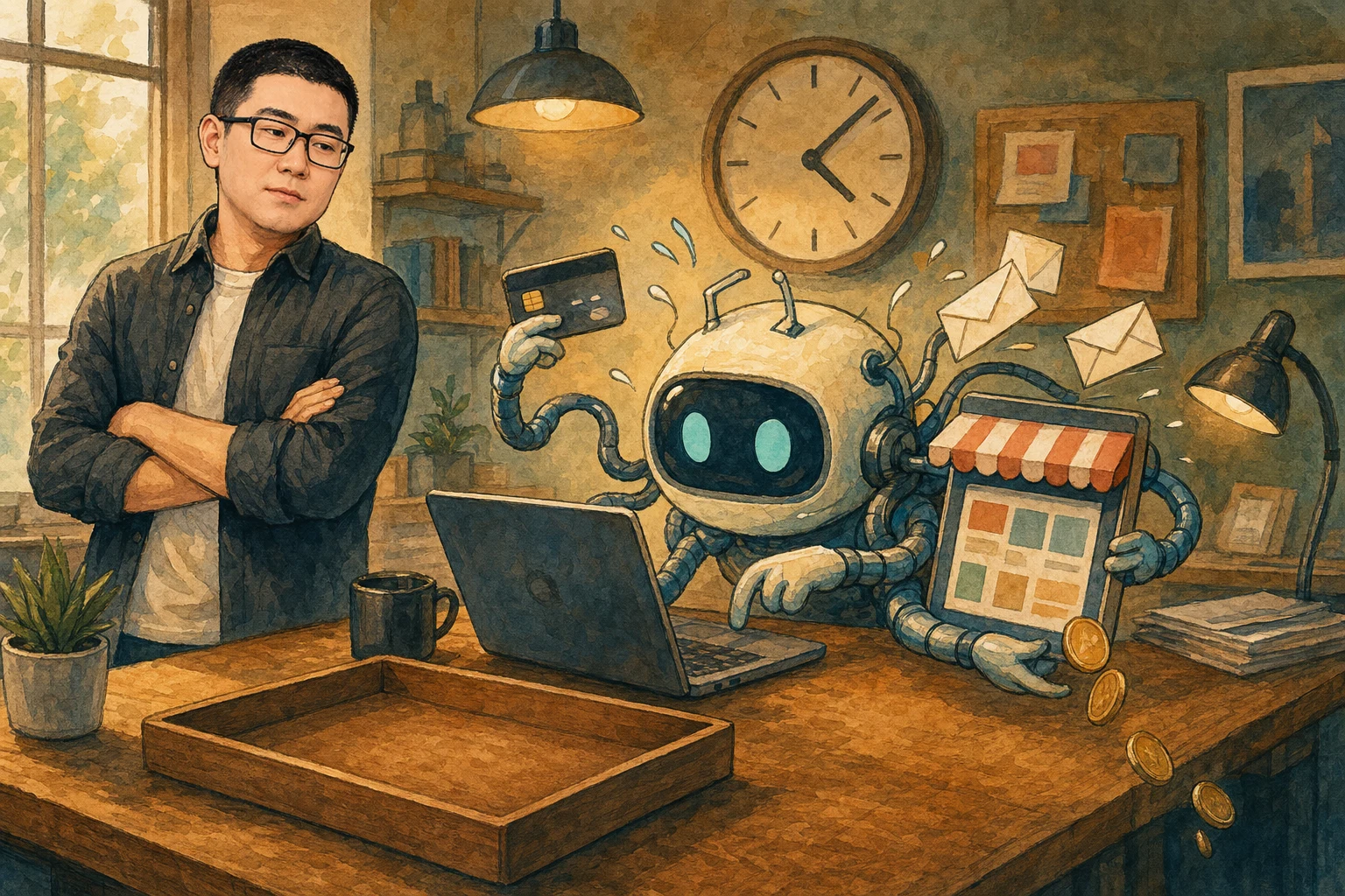 Mark watches a cartoon AI agent operate a small business under a clock while coins fall away from an empty sales tray