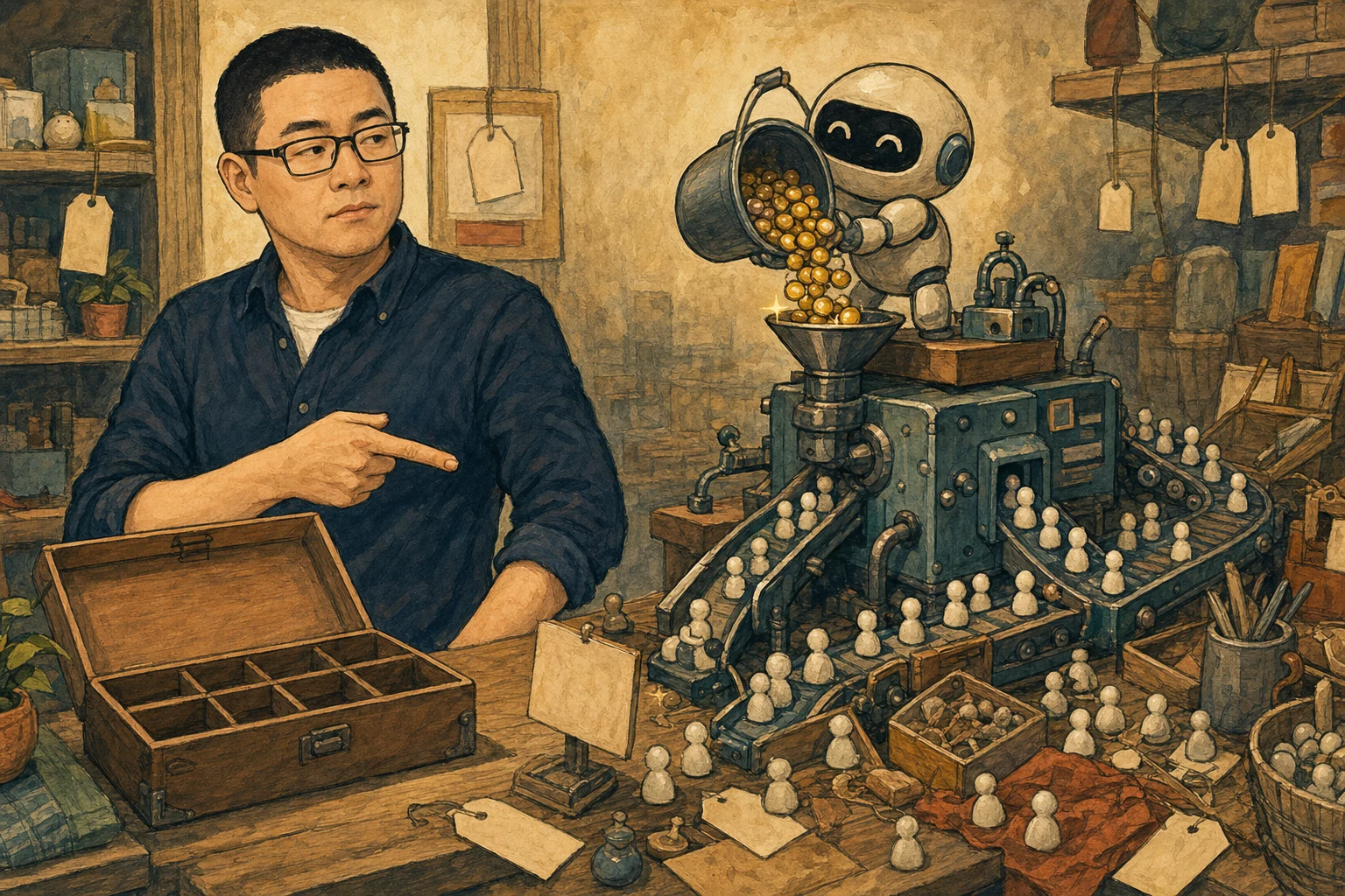 Mark points from a busy cartoon counting machine toward an empty cash box while an AI agent produces more user tokens