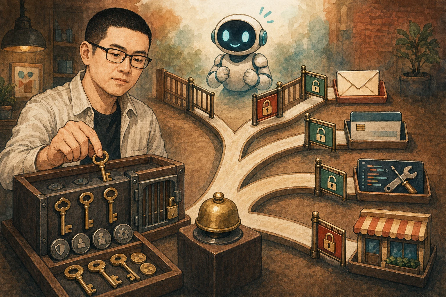 Mark selects keys for separate gated paths to email, payments, code tools, and a storefront while a cartoon AI agent waits