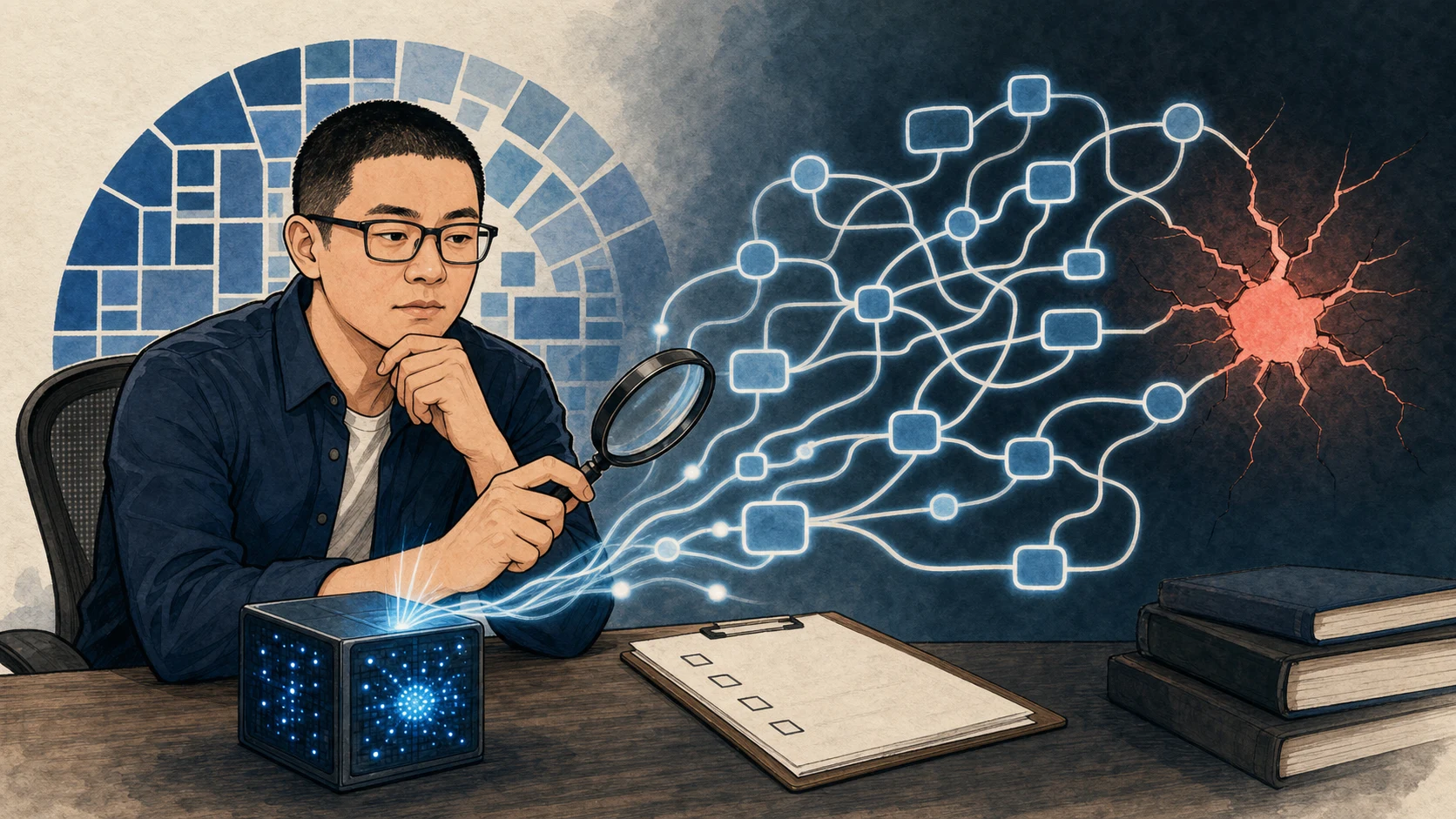一张卡通肖像画,Mark 正在检查一个从 AI 计算盒中延伸出的分支漏洞链