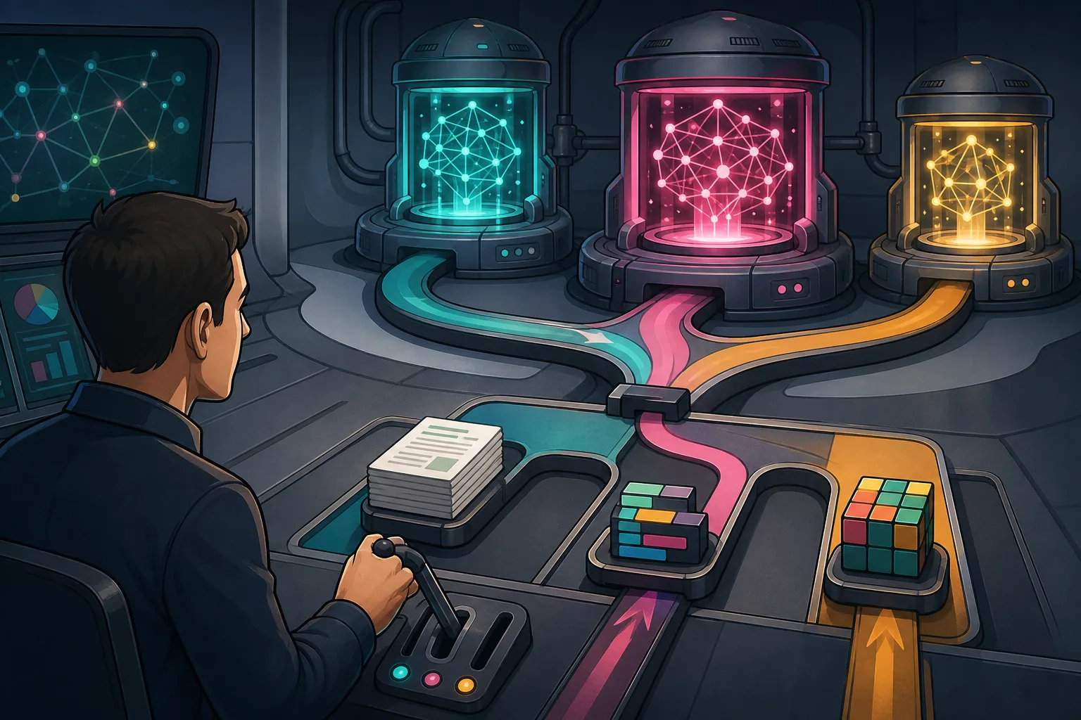 卡通操作员把文档、代码块和拼图分发给不同的发光 AI 引擎