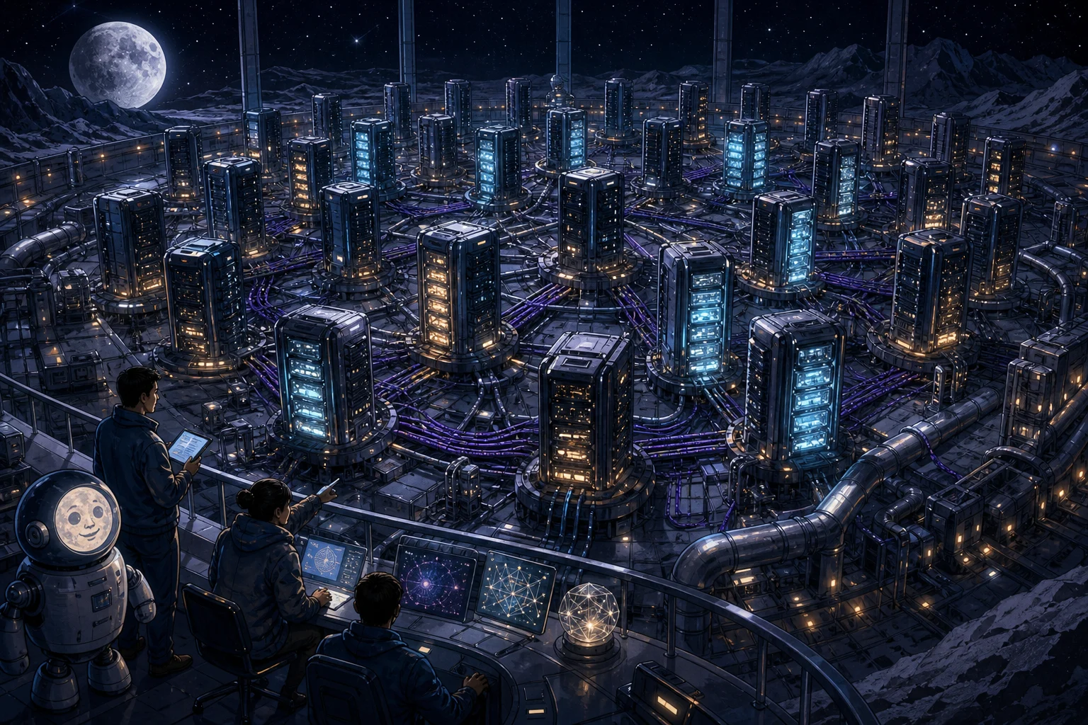 A cartoon engineering team overlooks a vast connected field of accelerator towers with only selected chambers glowing