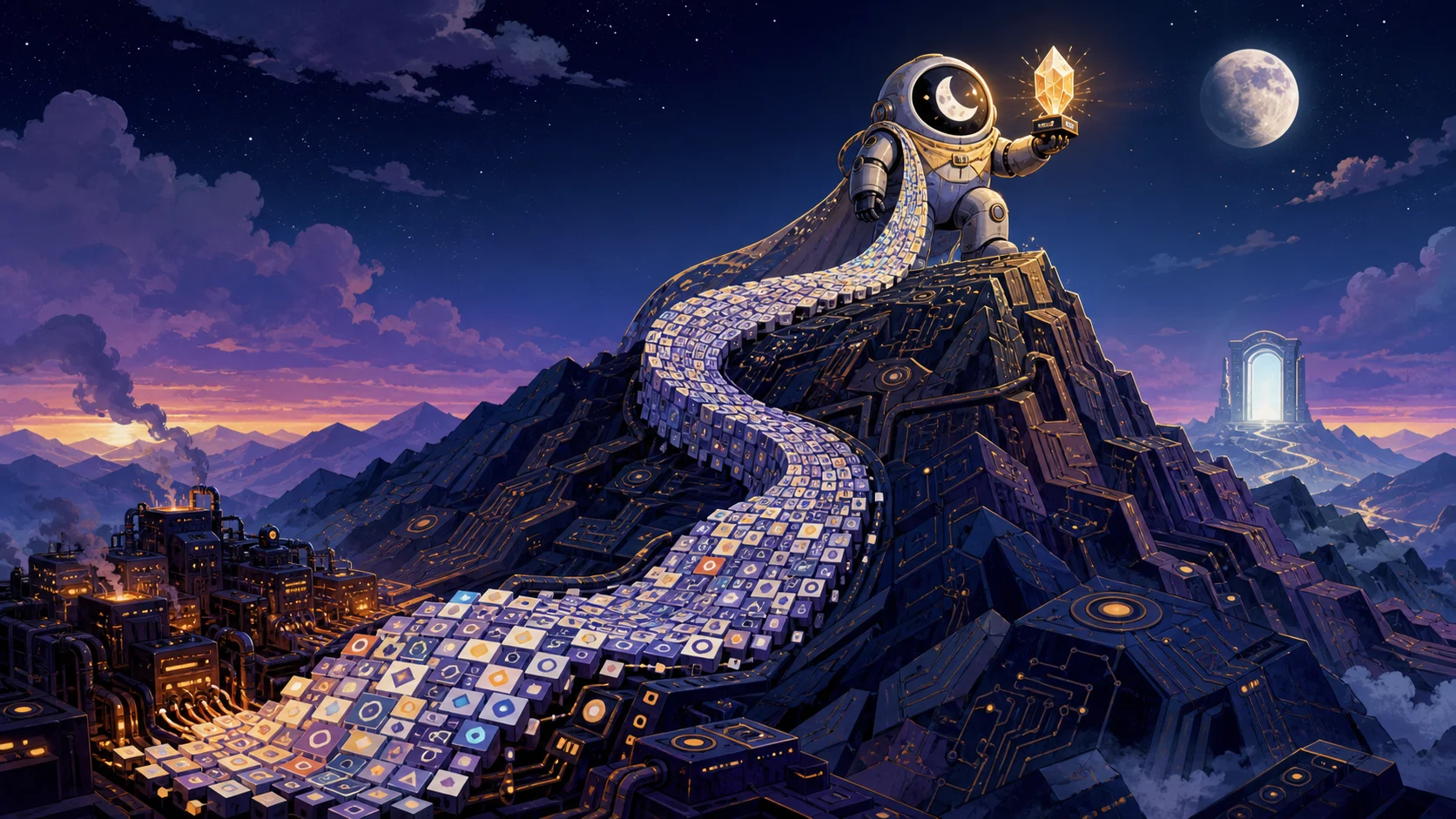 A cartoon moon-themed robot reaches a circuit-board summit while an enormous trail of abstract computation tiles runs down to a machine city