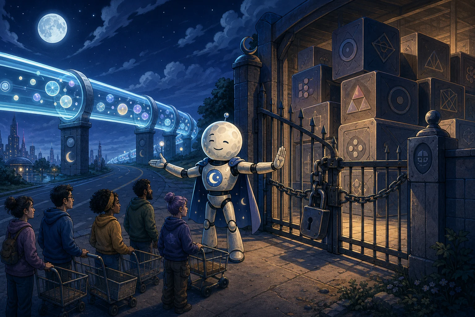 A cartoon robot stands between a glowing hosted pipeline and a locked warehouse of giant abstract model-weight blocks while developers wait with carts
