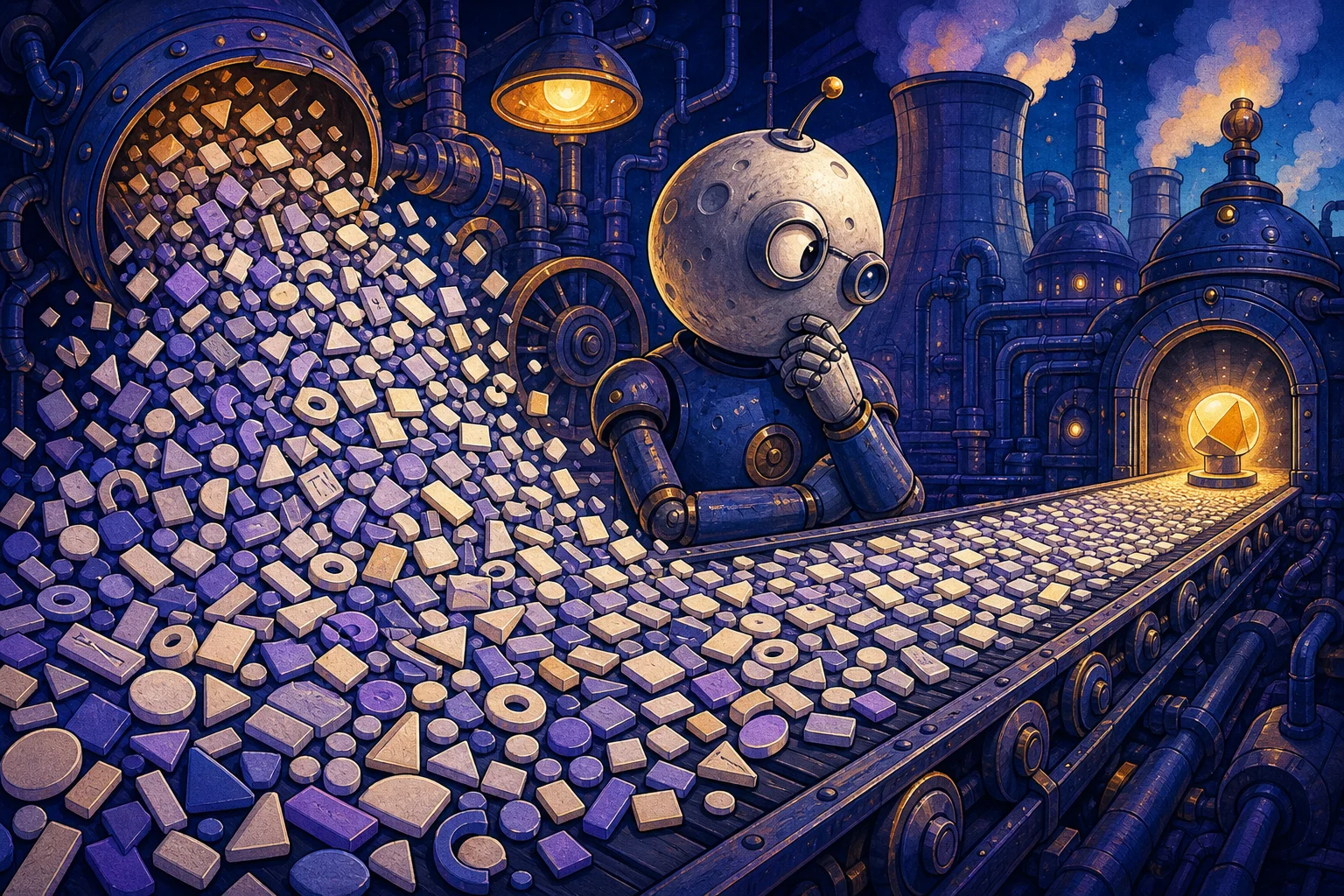 A cartoon robot watches a huge conveyor of abstract tiles flow through a compute workshop toward one small glowing result