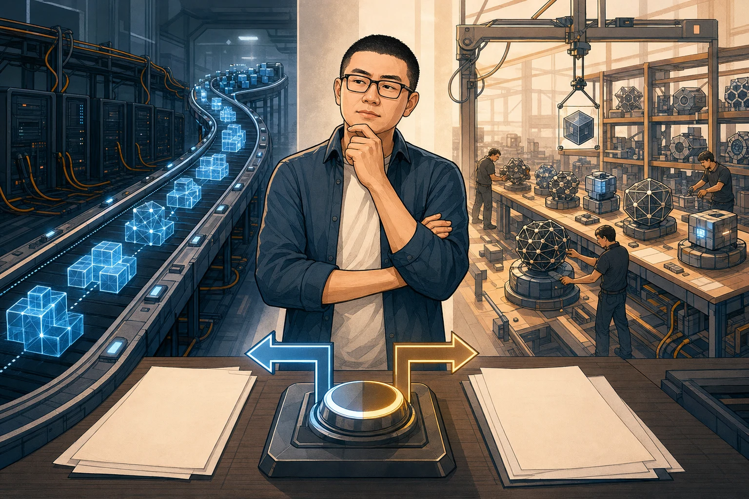 A cartoon of Mark weighing rented compute against an open workshop producing interchangeable AI engines