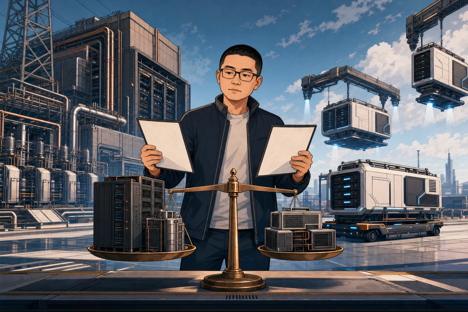 A cartoon of Mark balancing a fixed server complex against flexible modular compute pods
