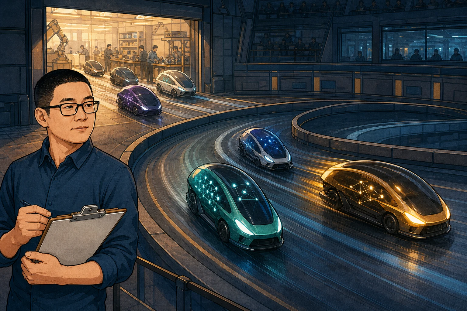 A cartoon of Mark watching several abstract AI engines race while an open workshop sends out more challengers