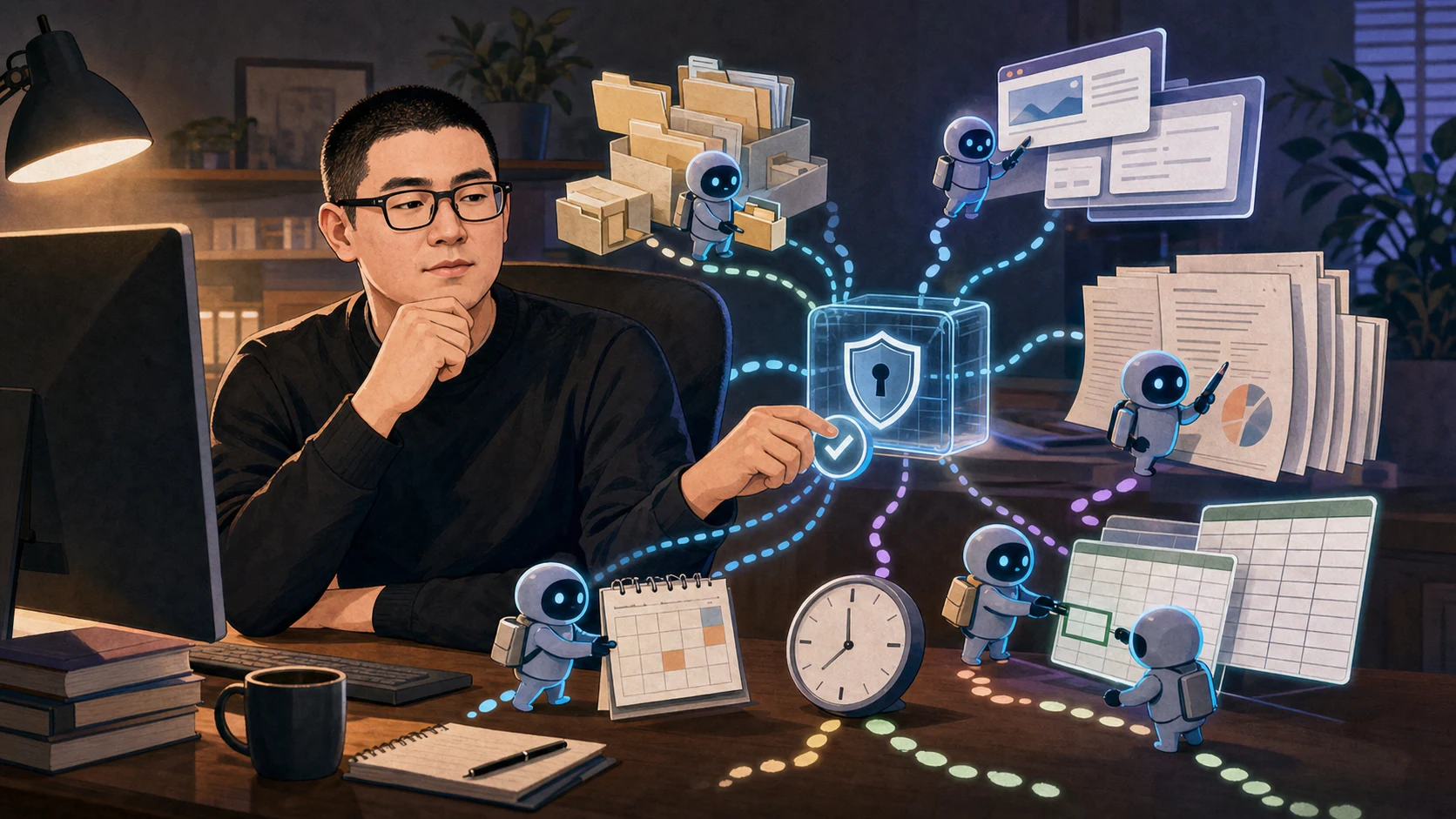 Mark 正在研究一个卡通桌面智能体,它正在协调助手处理本地文件、浏览器任务、电子表格和日程安排