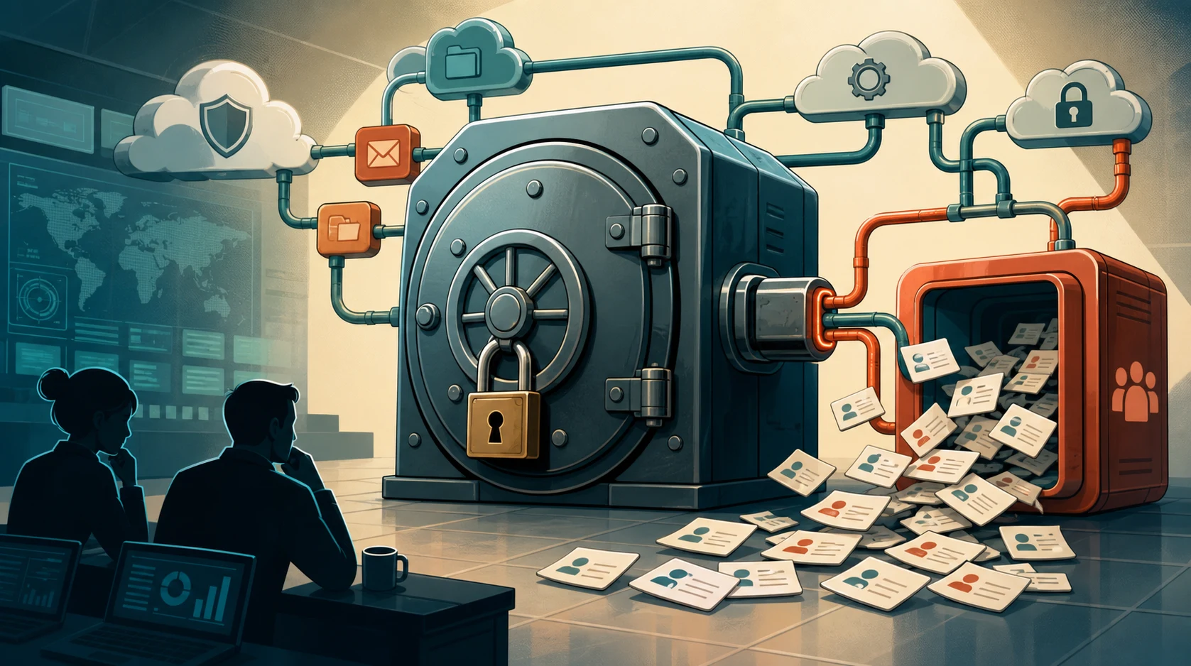 A cartoon locked vault stays sealed while customer record cards spill from a connected business system