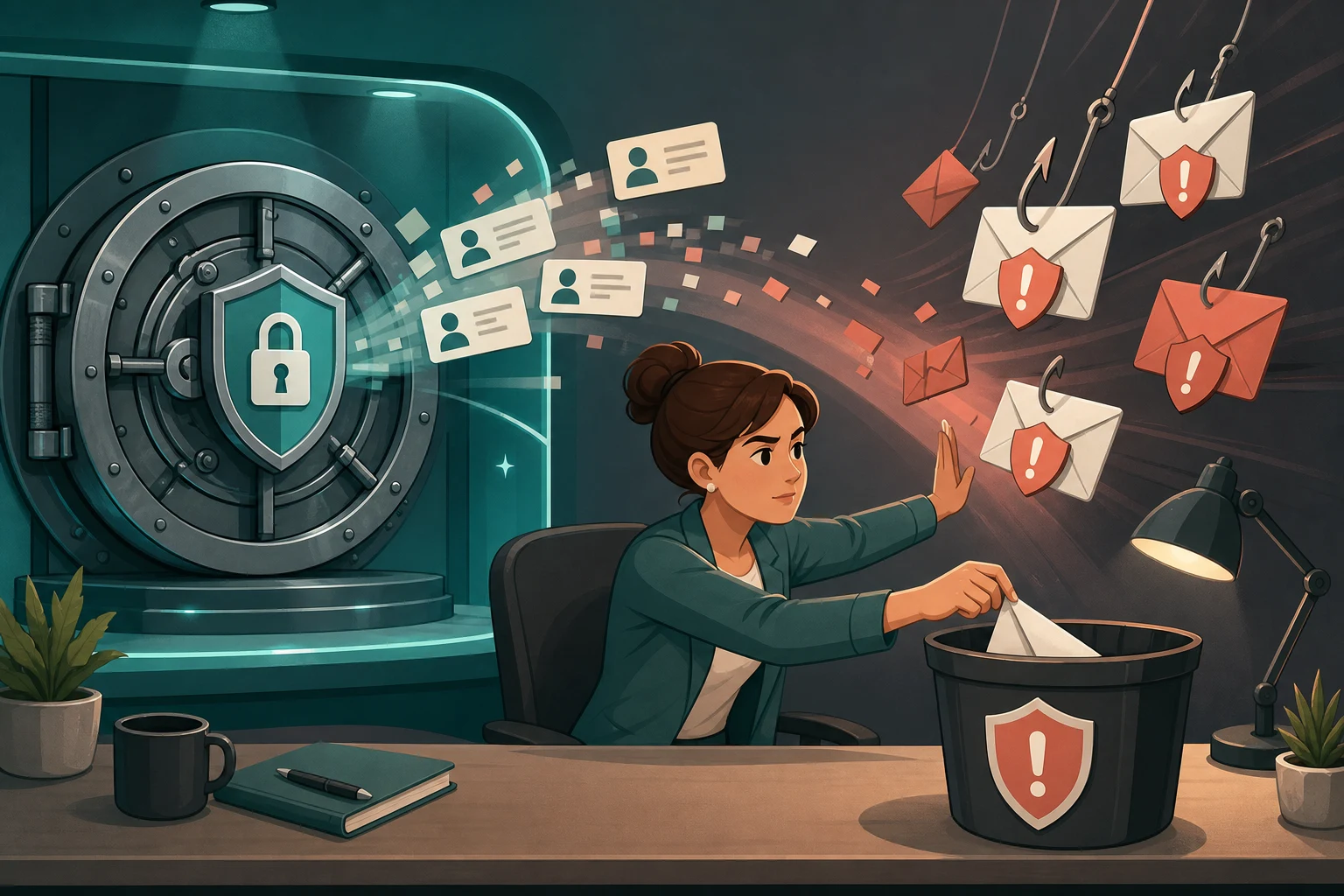A cartoon analyst blocks suspicious envelopes while contact cards flow away from a sealed password vault