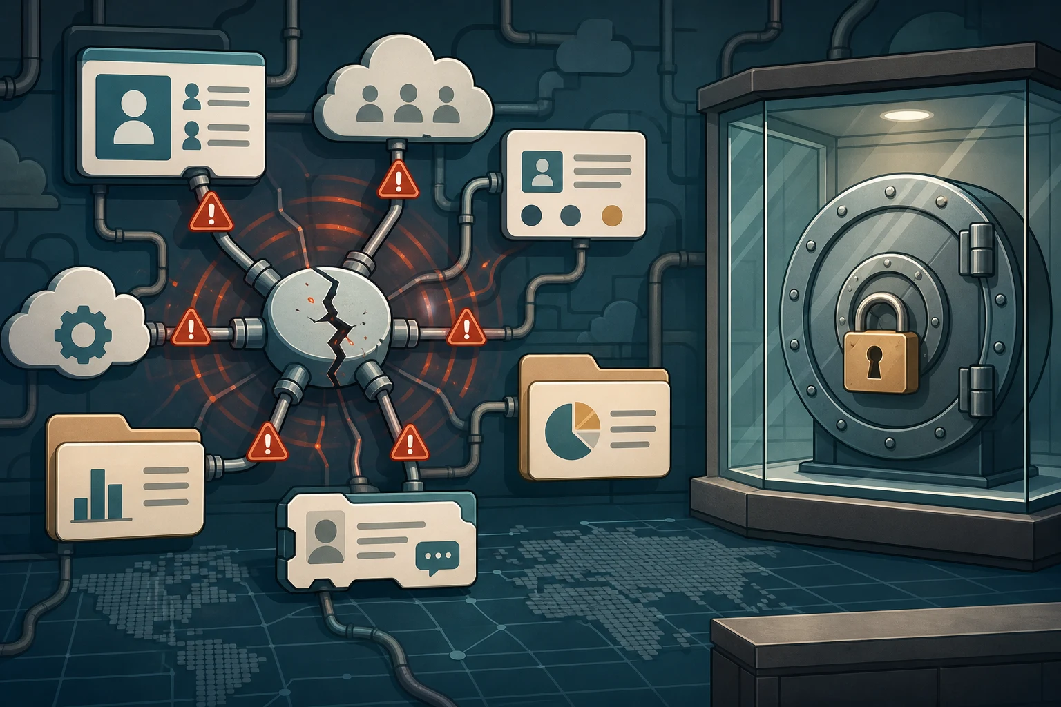 A cracked connector sends warning signals through business systems while a separate vault remains locked