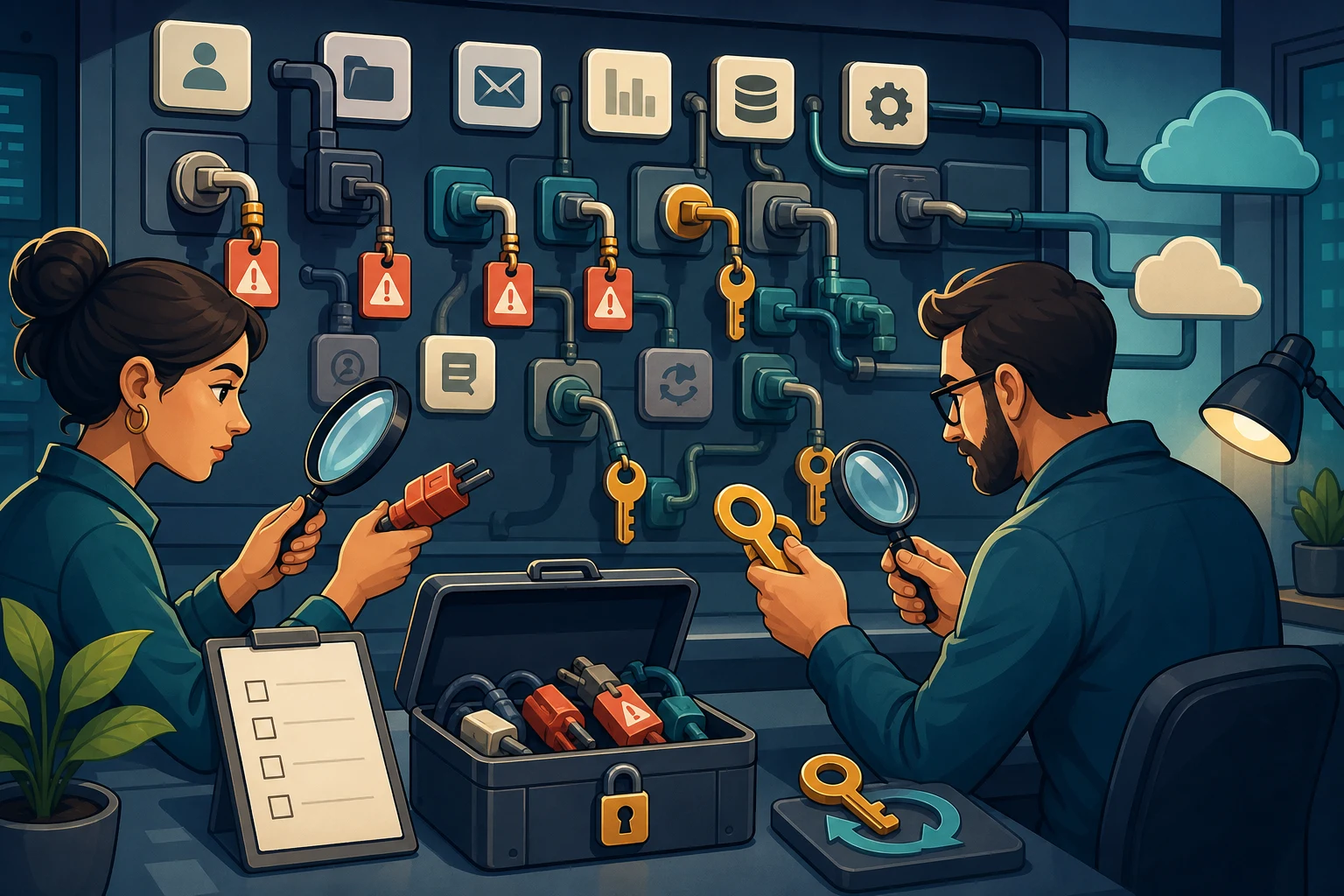 Security analysts audit old service connectors and place risky plug-in tokens into a locked case