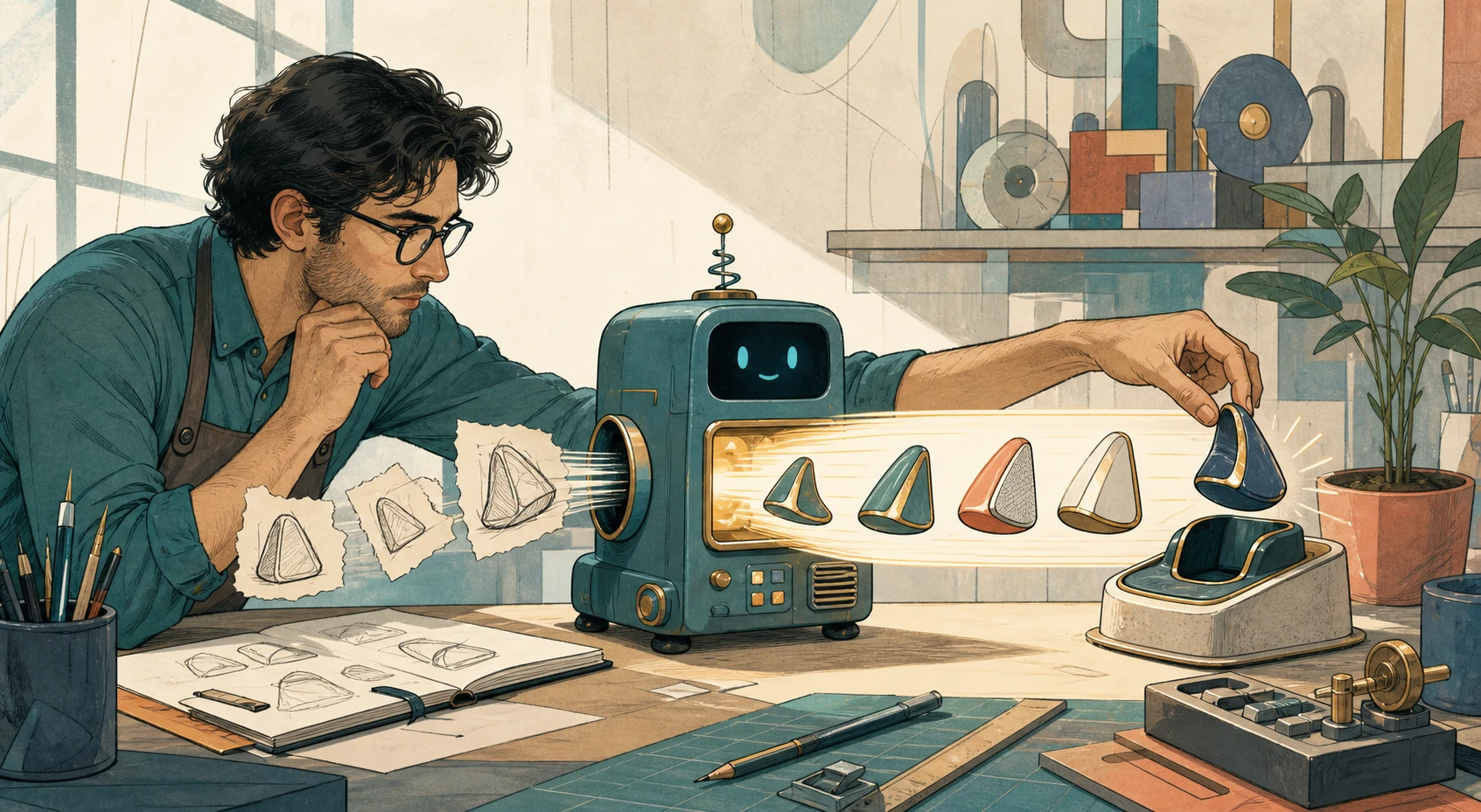 A cartoon creator feeds rough idea sketches into a small AI machine and personally selects one refined result