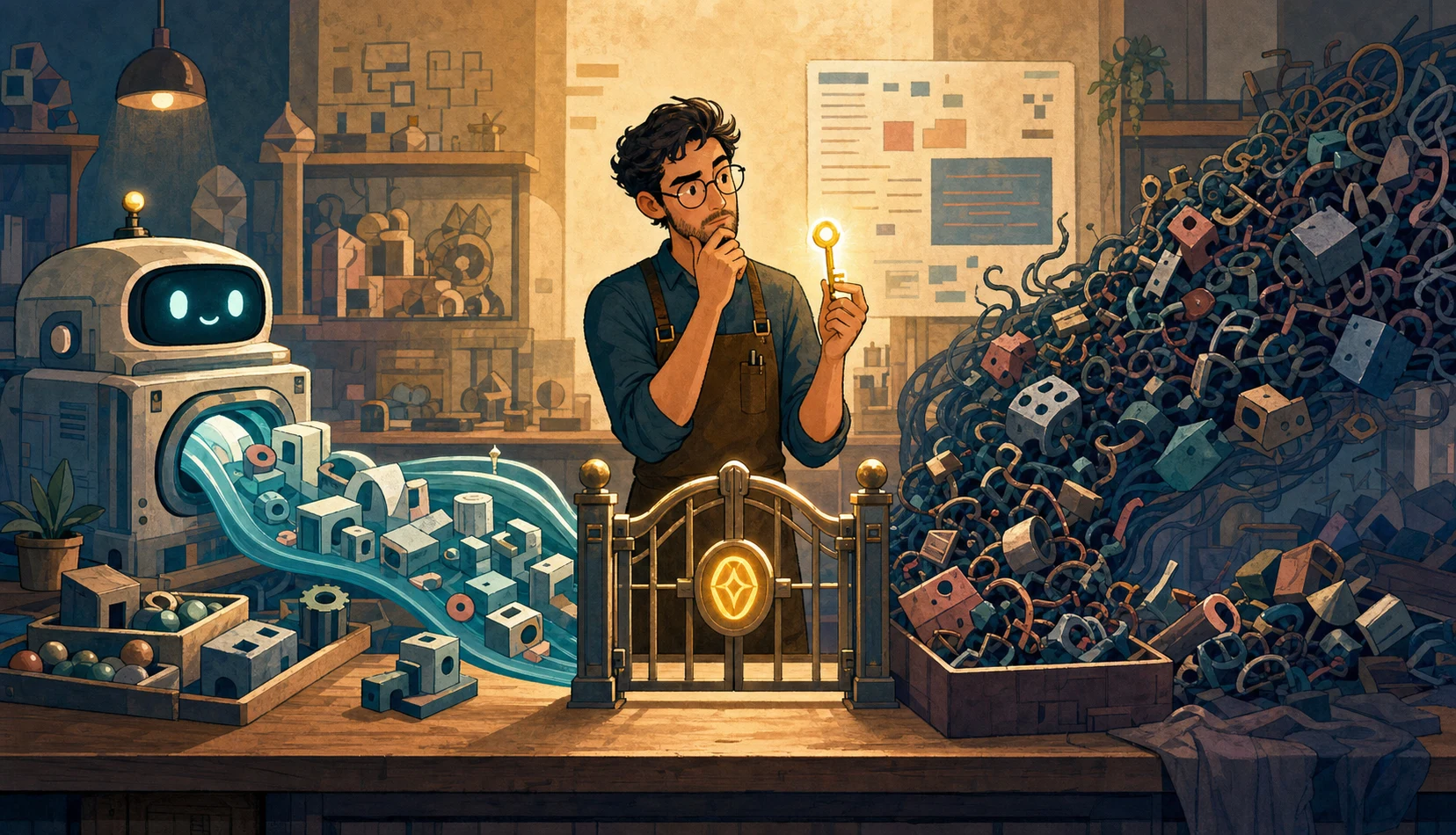 A cartoon engineer holds the key to a trust gate between useful AI-made parts and a flood of tangled machine output