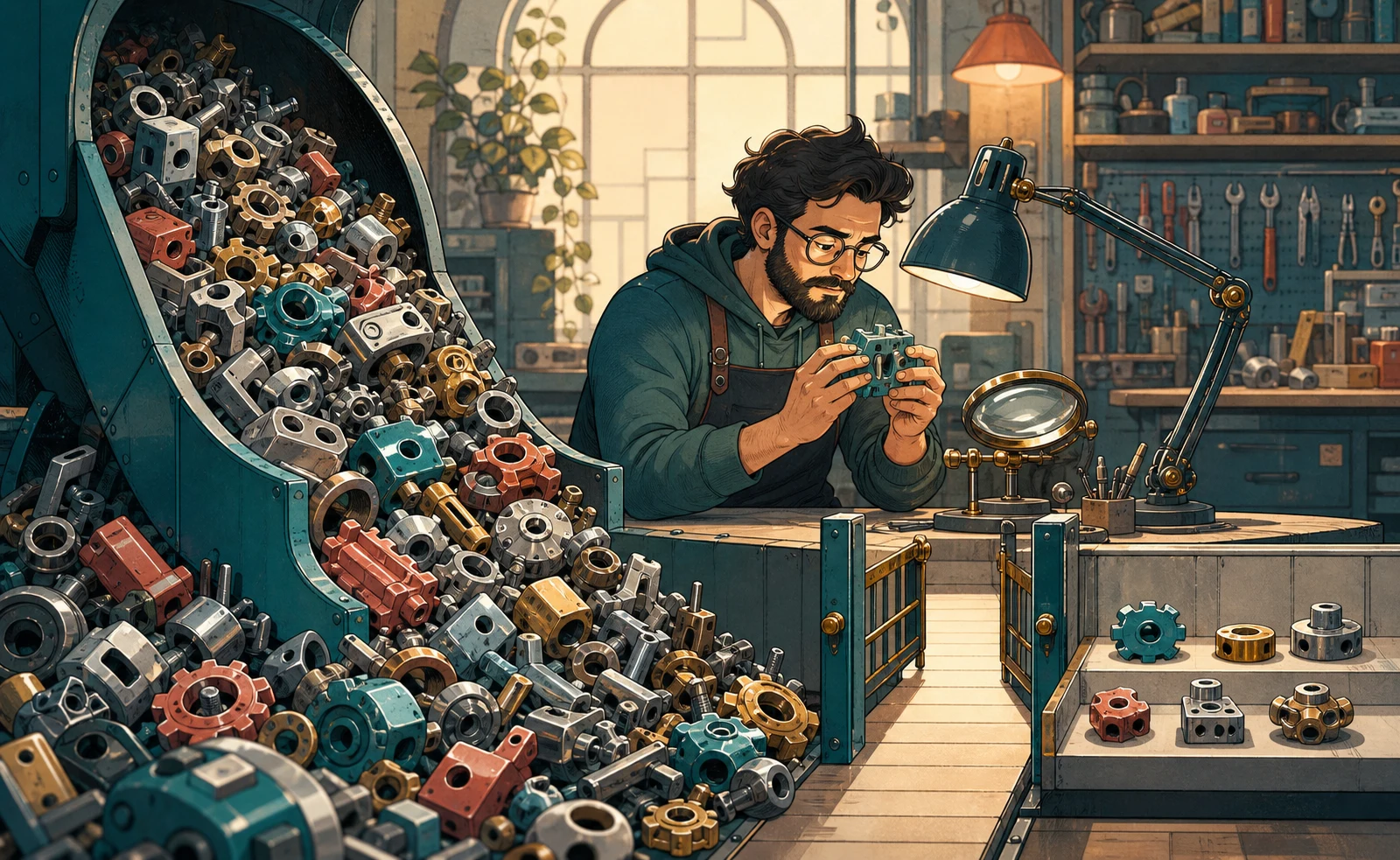A cartoon open-source maintainer inspects one machine part while a delivery chute overflows with polished-looking components