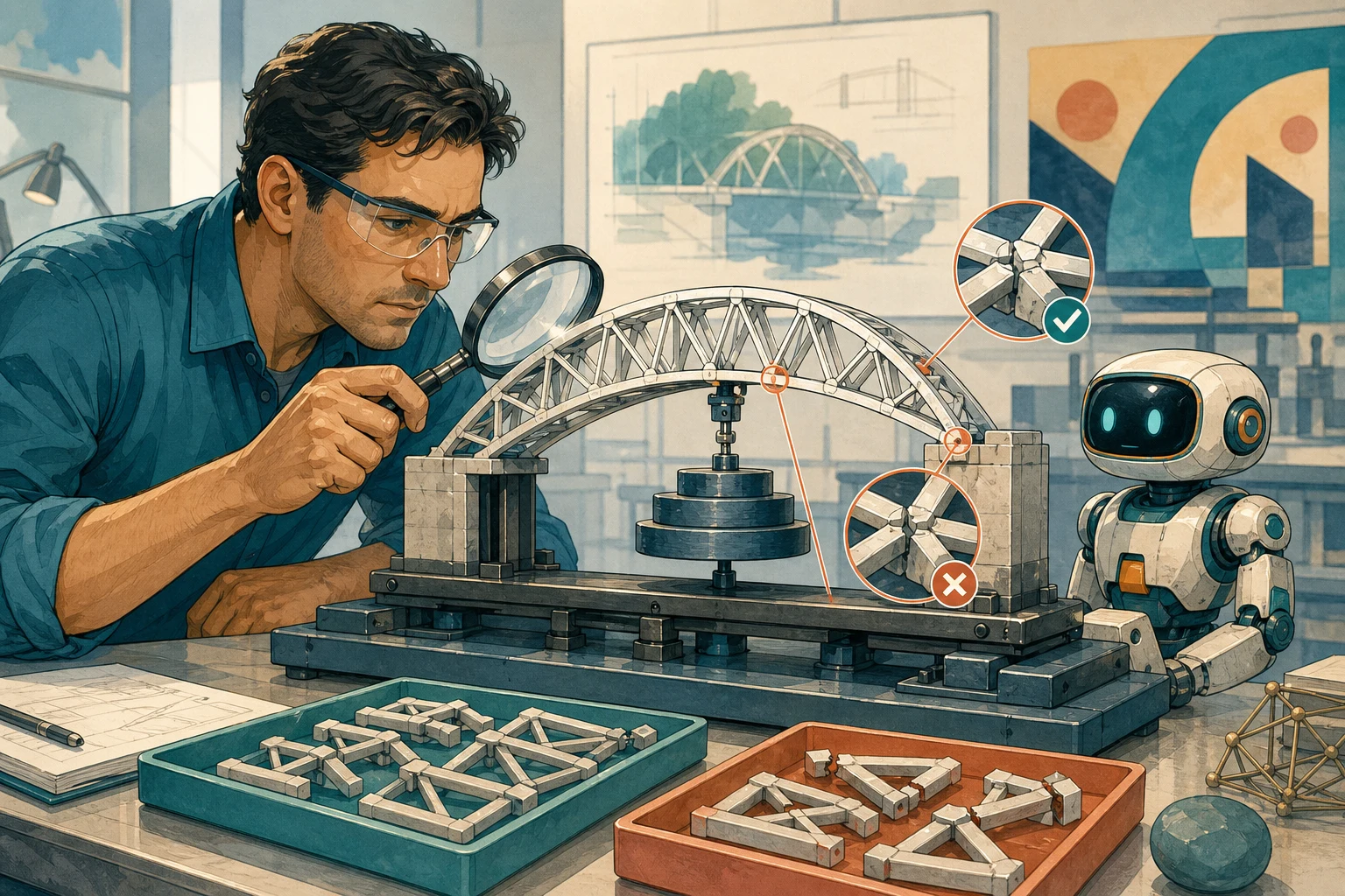 A cartoon engineer stress-tests an attractive AI-built bridge model and finds hidden weak joints while a robot assistant waits