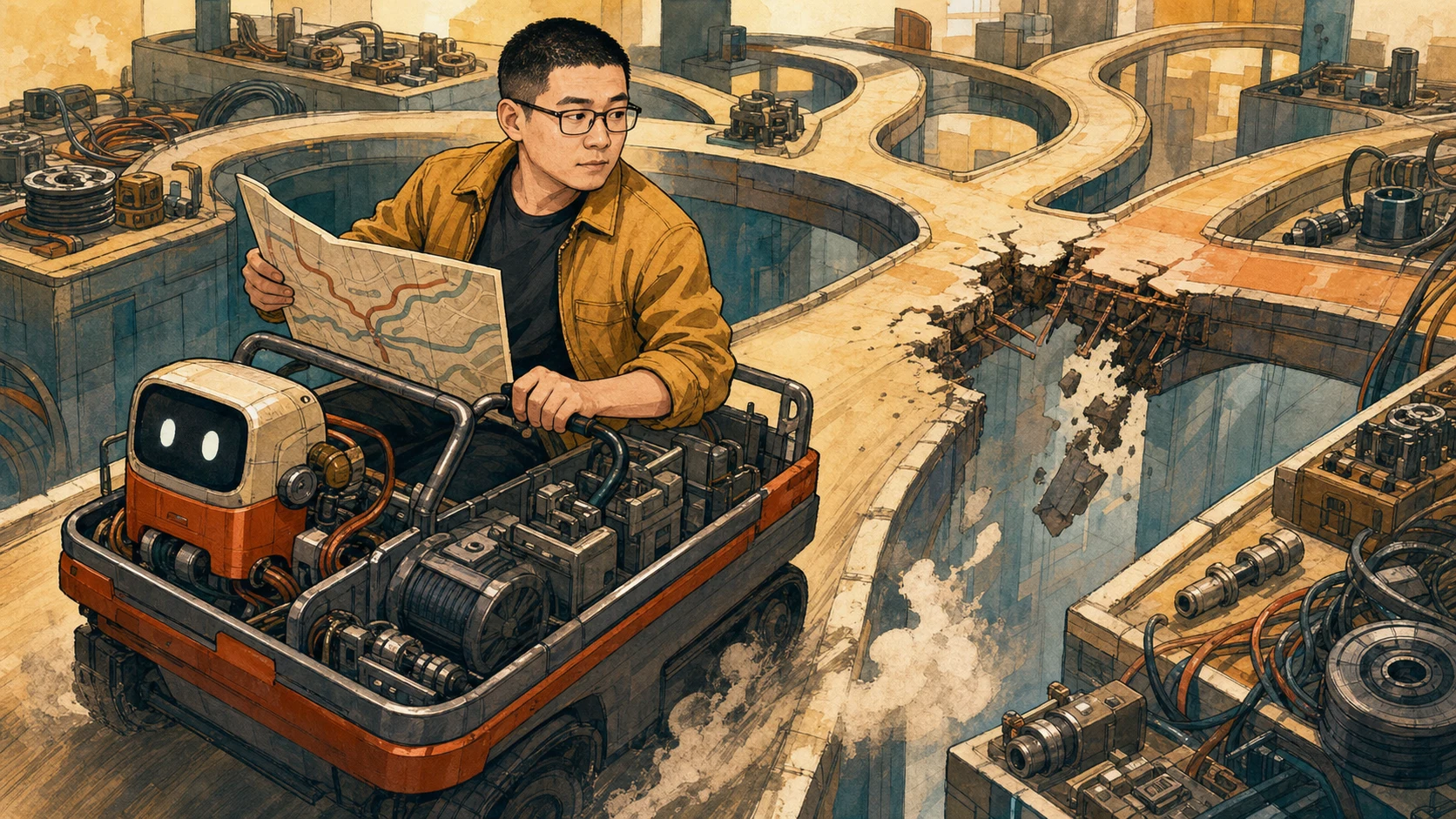 Mark steers a powerful machine away from a broken route through a maze of workshop paths