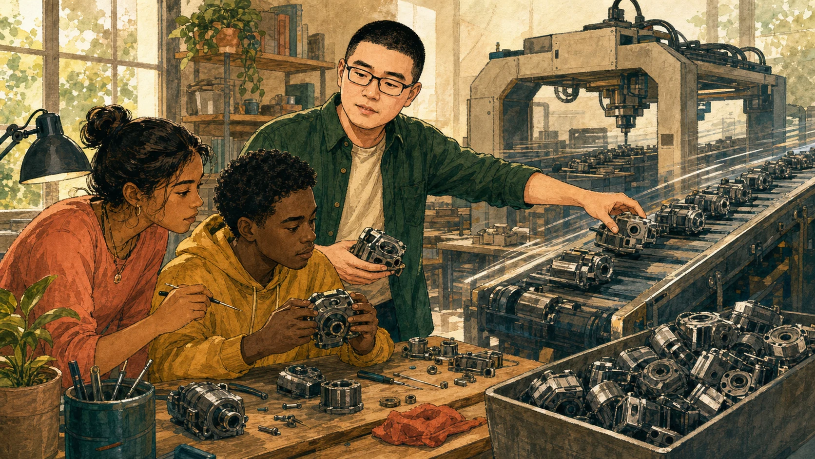 Mark guides two younger collaborators as they inspect machinery beside a fast automated production line