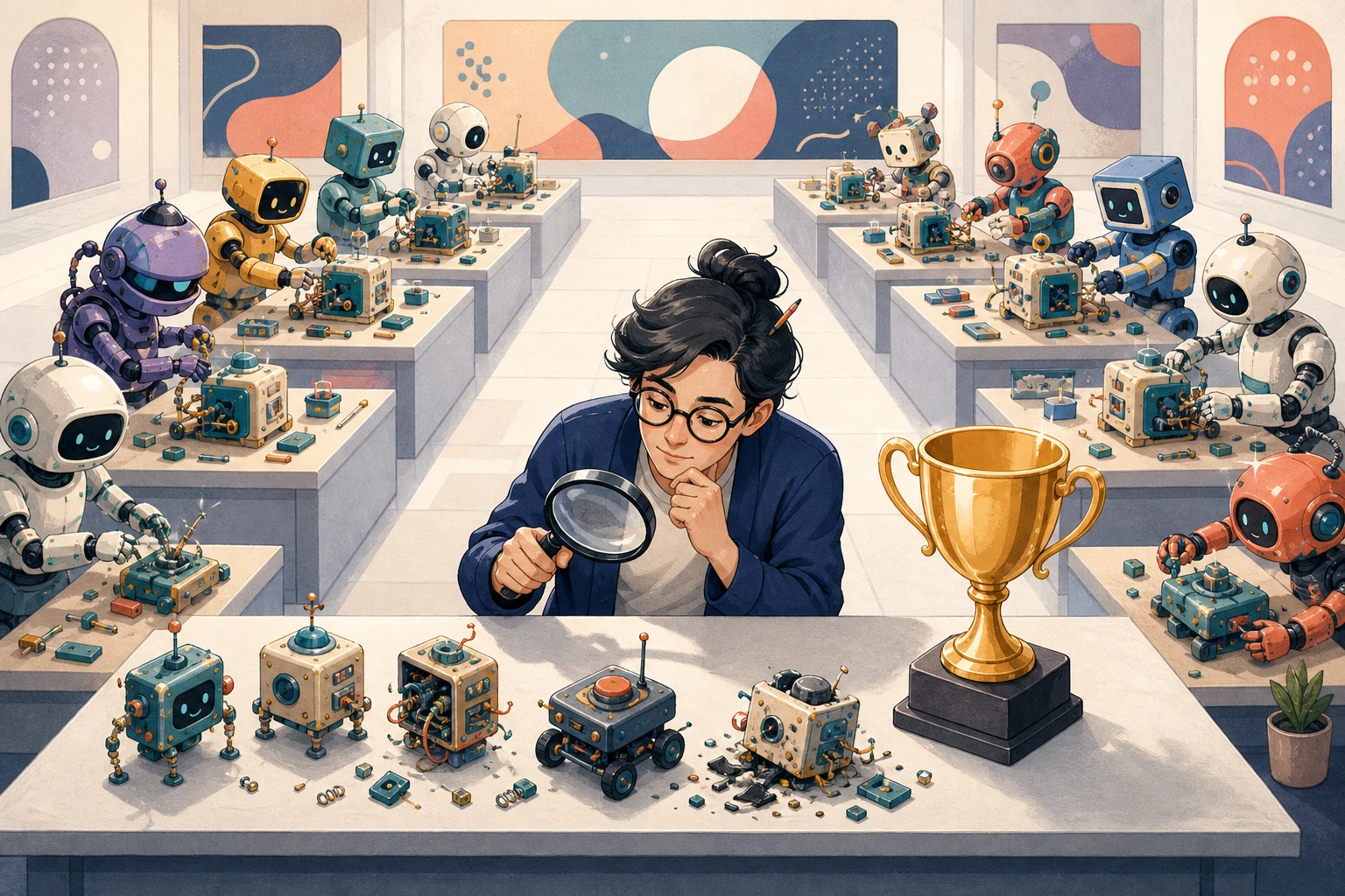 A cartoon evaluator examines several AI-built mechanisms while robot builders compete and a trophy sits ignored
