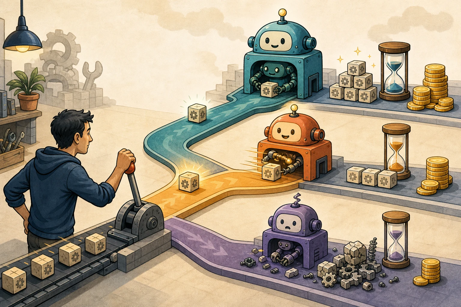 A cartoon engineer routes identical tasks among three robot workshops with different time, cost, and failure patterns