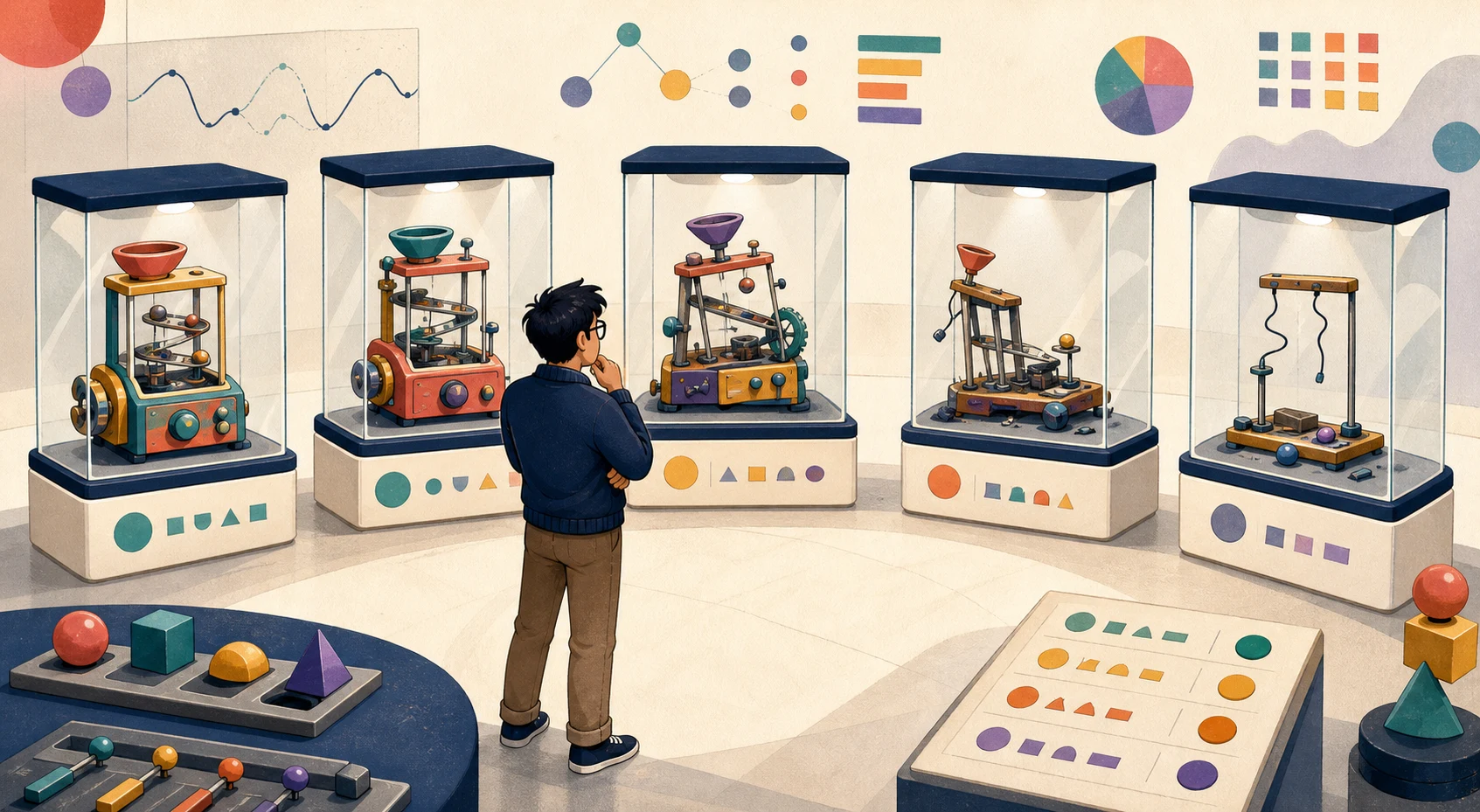 A cartoon evaluator compares five versions of the same mechanism, from complete to broken