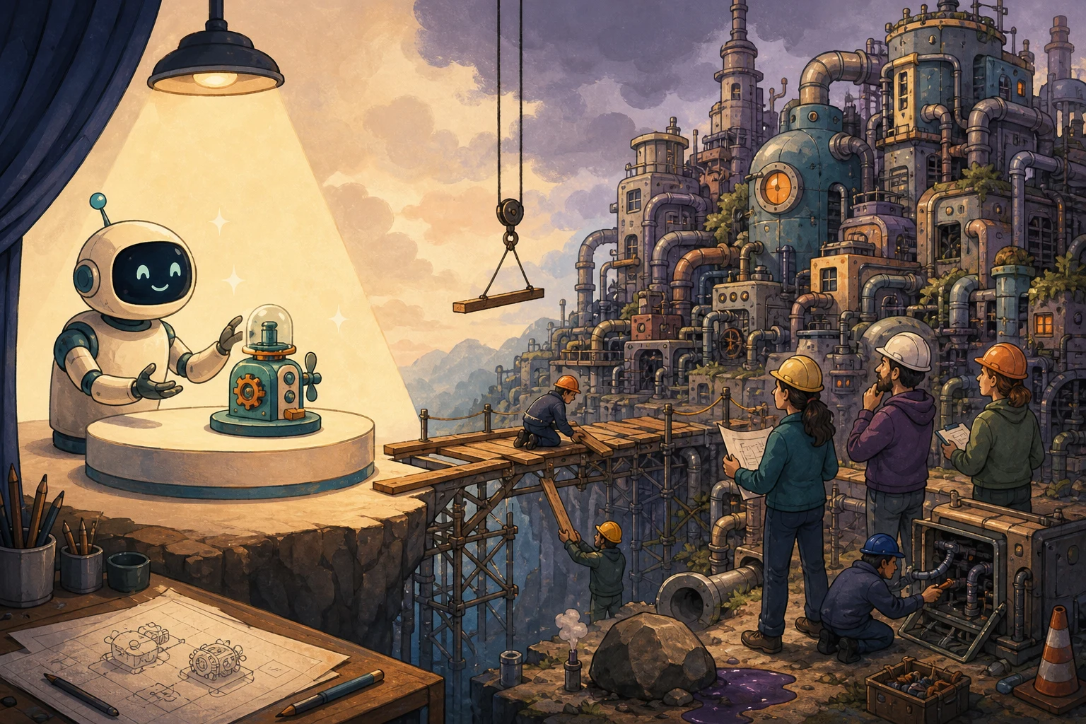 A cartoon contrasts a tiny polished AI demo with a large production system full of dependencies and maintenance work