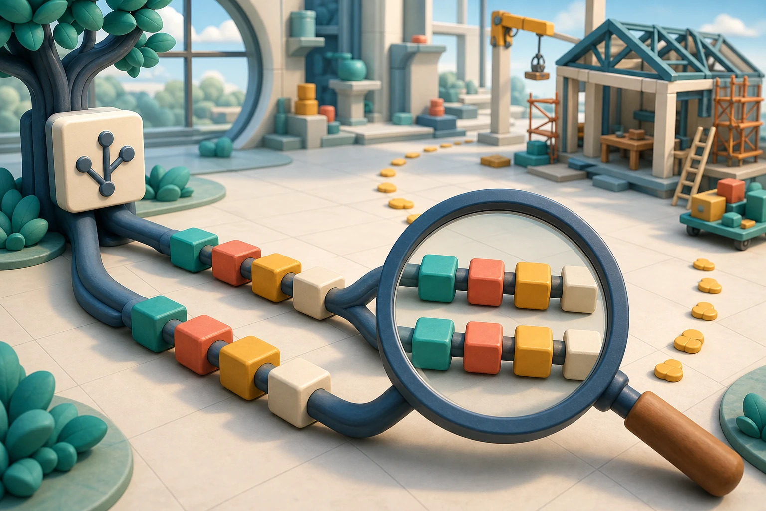 A cartoon magnifying glass reveals two identical source-control branches while golden breadcrumbs lead to an unfinished workshop