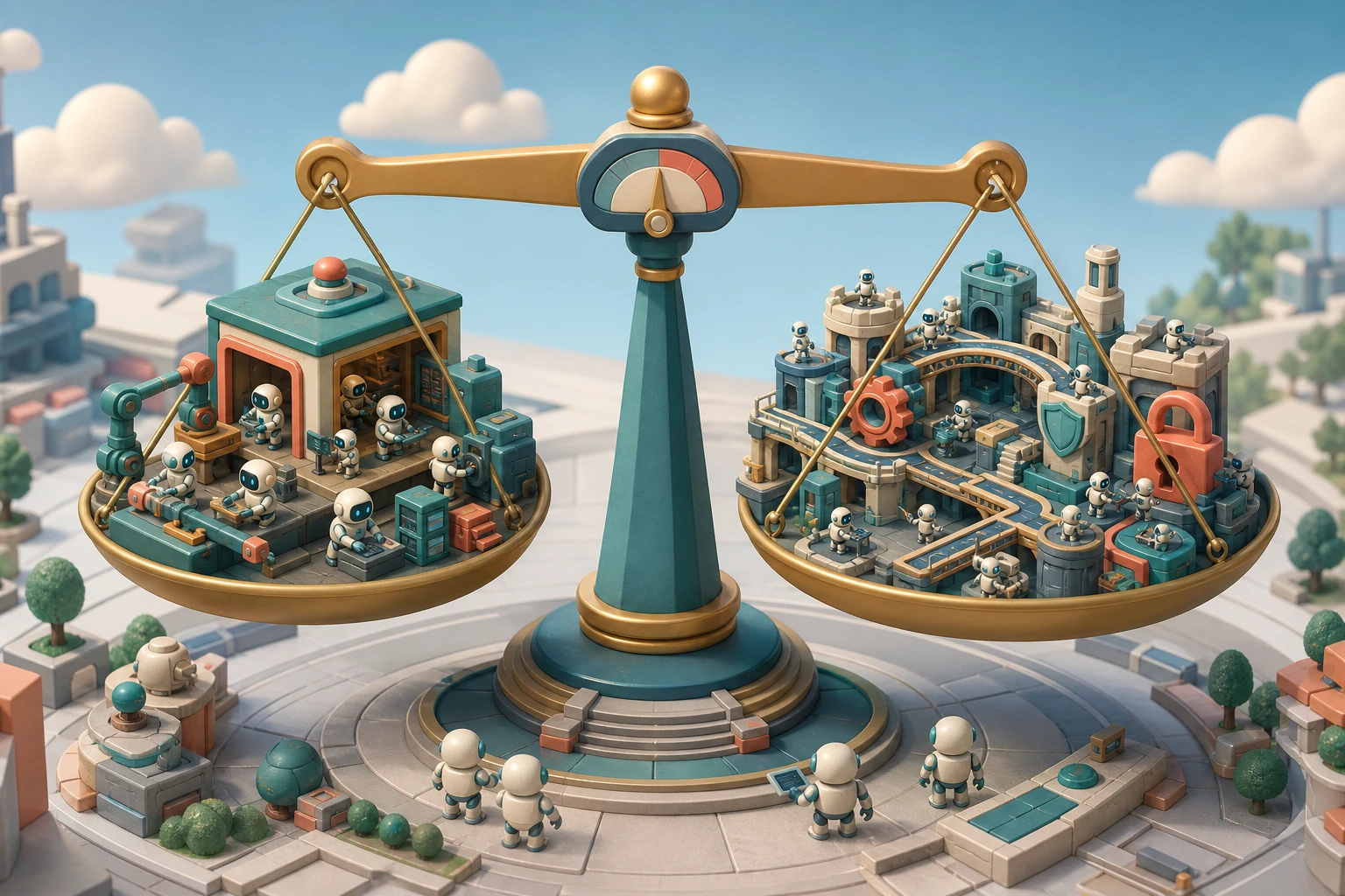 A cartoon balance scale weighs a compact agent workshop against a mature city of review gates, automation bridges, gears, and security locks
