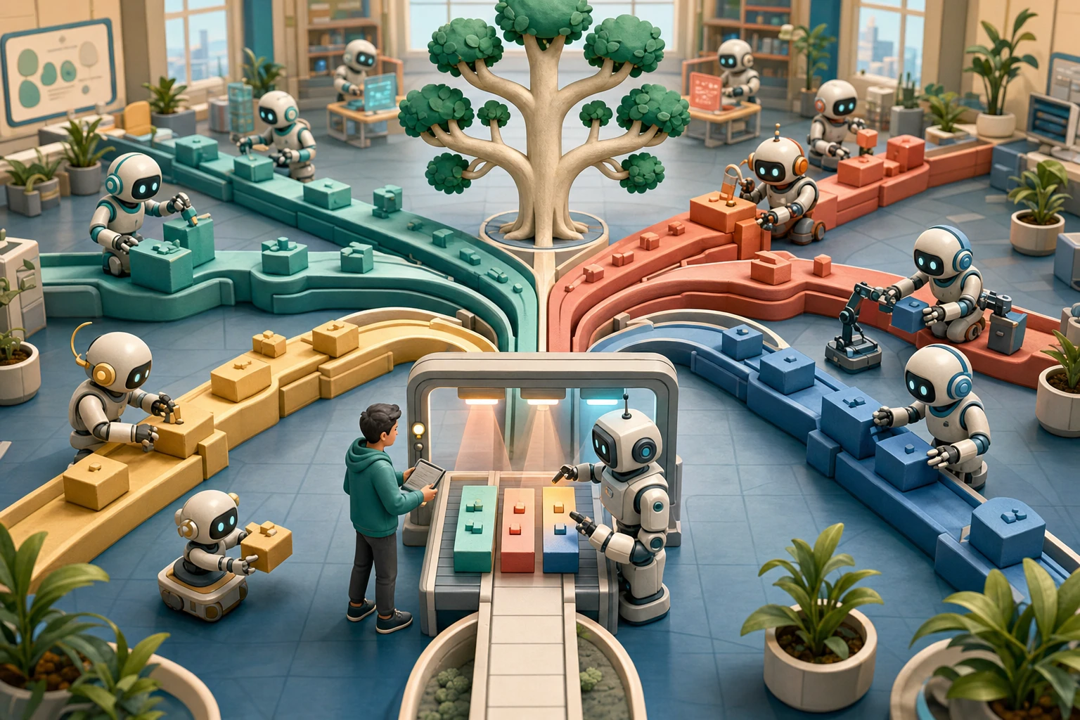 Cartoon robot builders send parallel change blocks toward a central repository tree and a human review gate