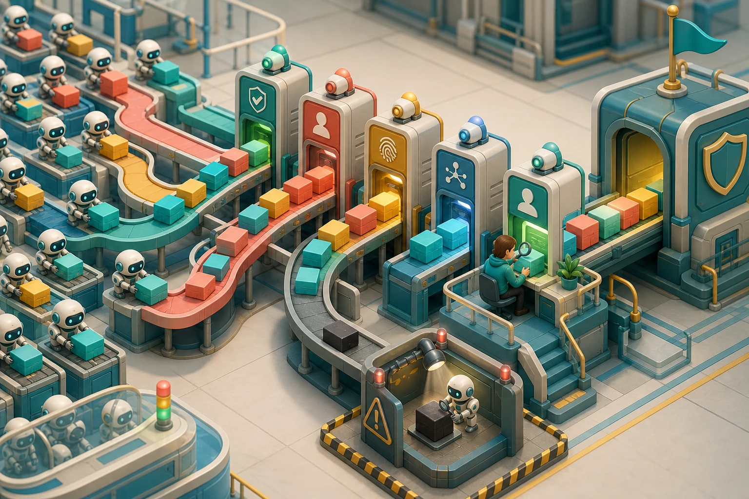 Cartoon coding agents send change blocks through several safety checkpoints while one risky dark block is diverted for inspection