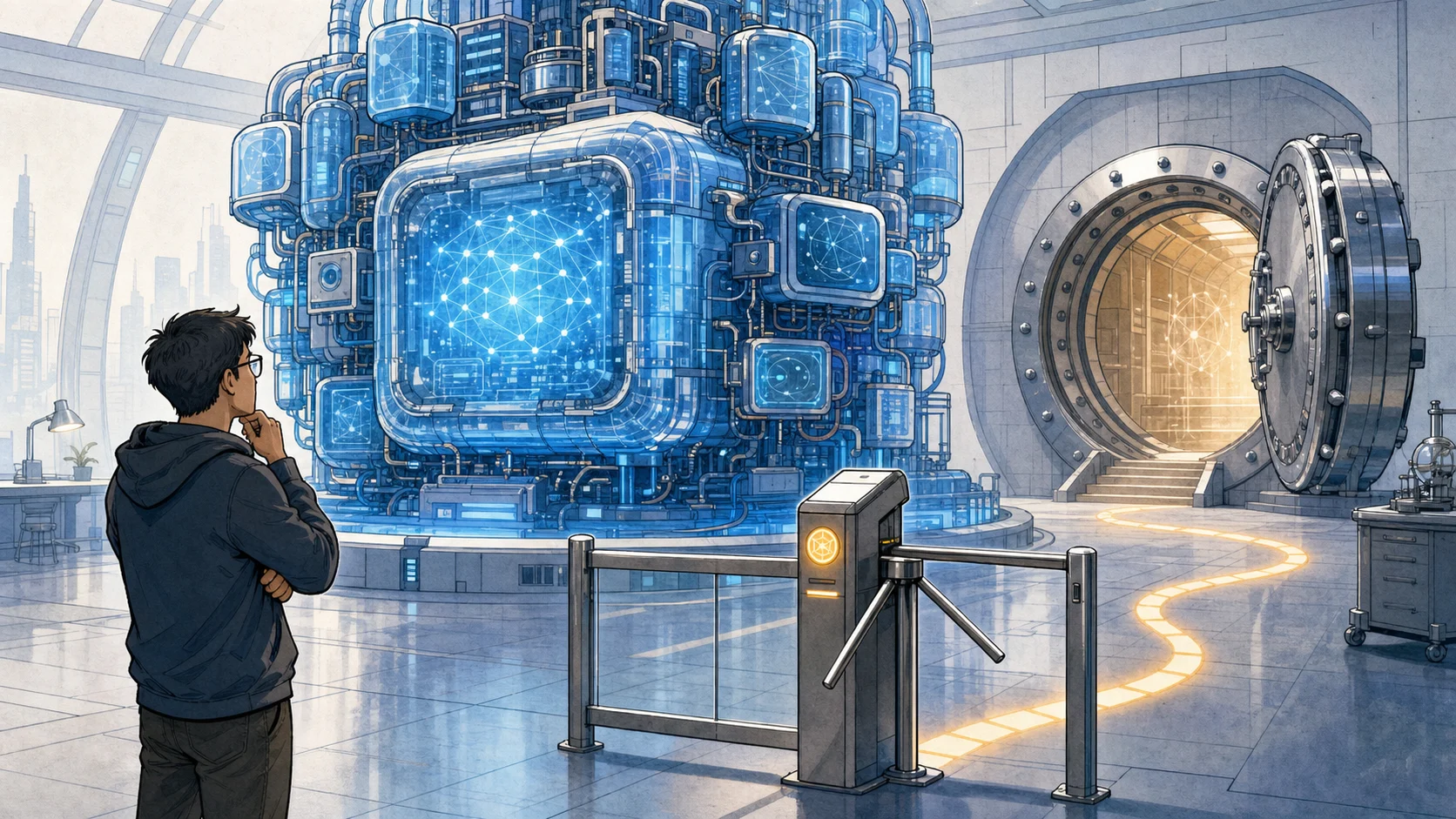 A cartoon developer studies a giant blue AI machine positioned between a turnstile and an open vault
