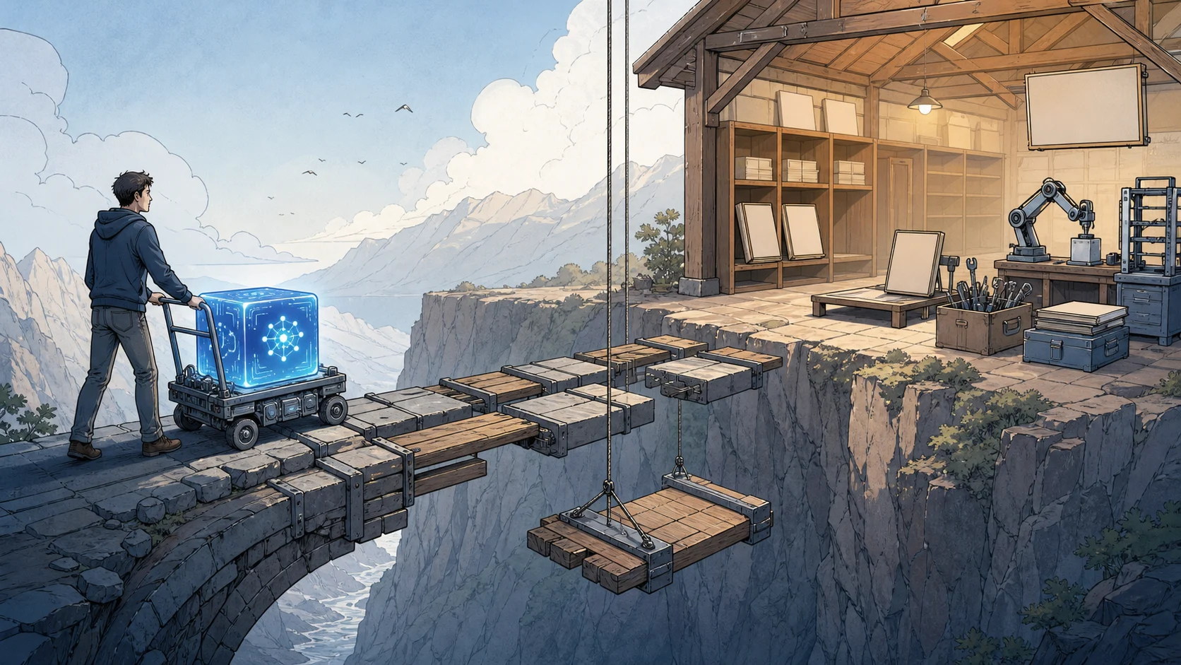 A cartoon developer pushes a glowing AI module toward an unfinished bridge leading to an open workshop