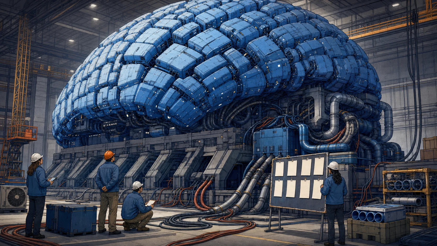 A cartoon engineering team inspects the cooling, power, and storage systems around a warehouse-sized mechanical brain