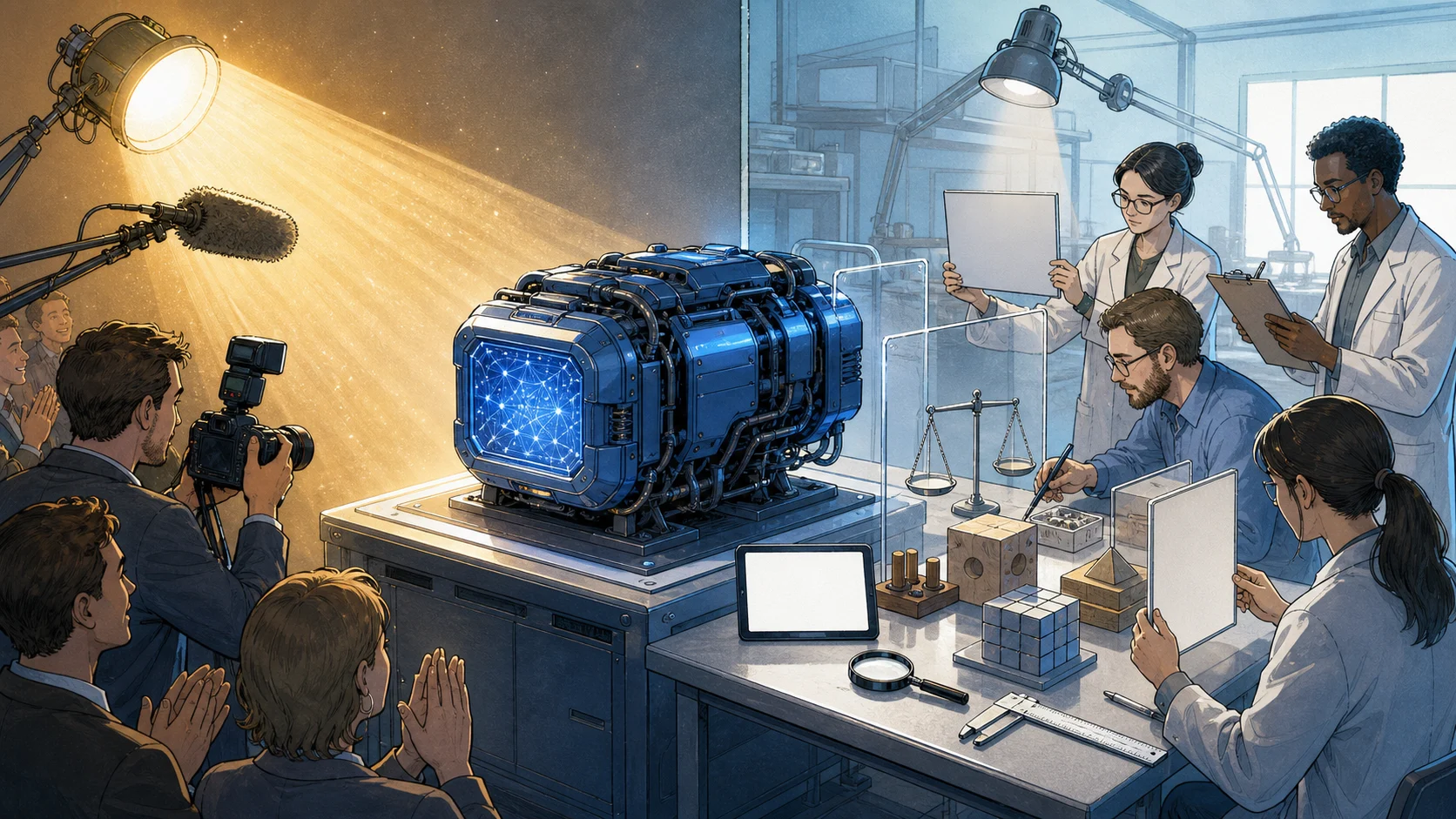 A cartoon AI engine is photographed under a warm spotlight while engineers inspect it at a test bench