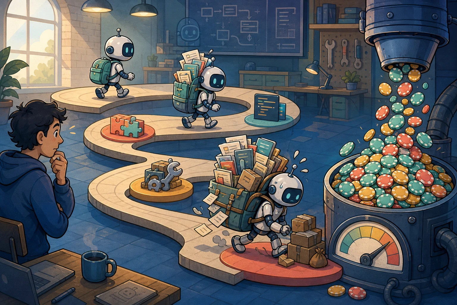 A cartoon AI agent becomes overloaded with documents and tool results as it loops through a coding workflow