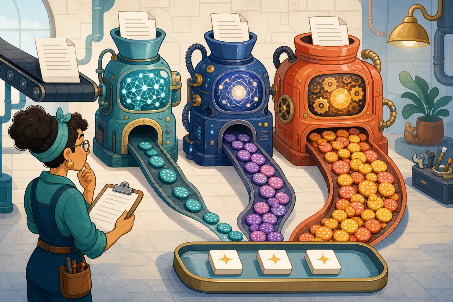 A cartoon operator compares three AI machines producing different piles of token chips for equivalent finished tasks