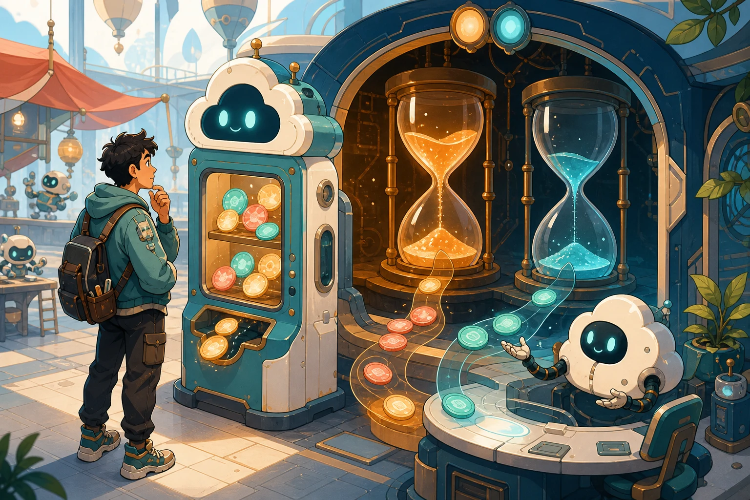 A cartoon developer studies an AI token machine beside two hourglasses running at different speeds