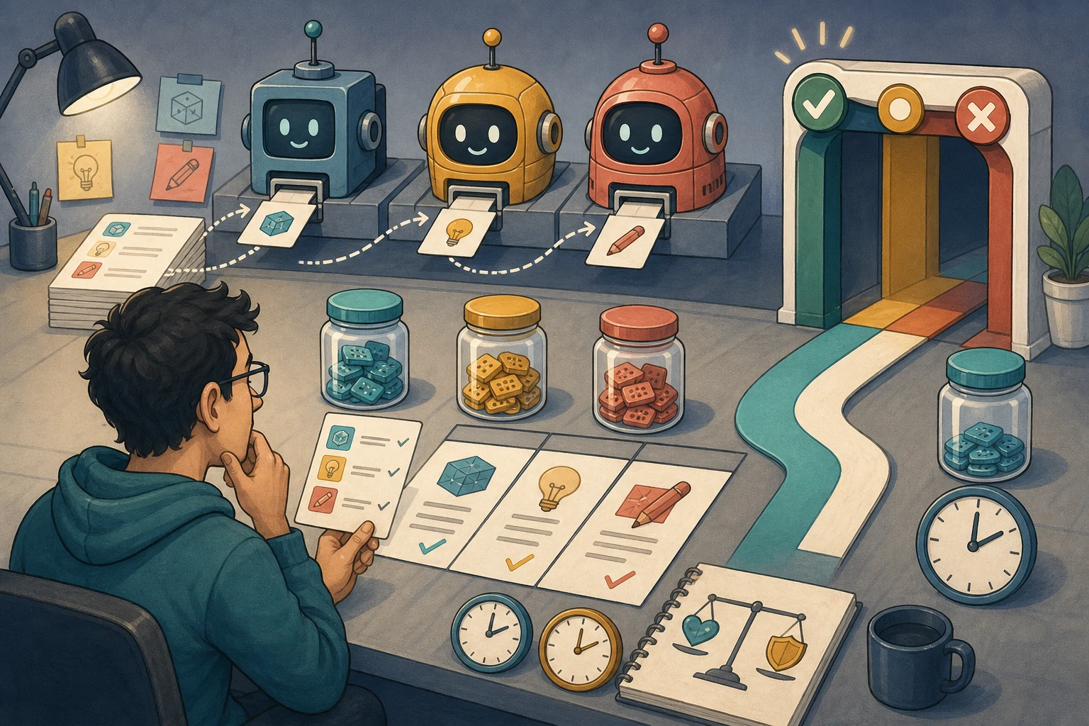 A cartoon developer compares AI task results, remaining token jars, and clocks before choosing a subscription path