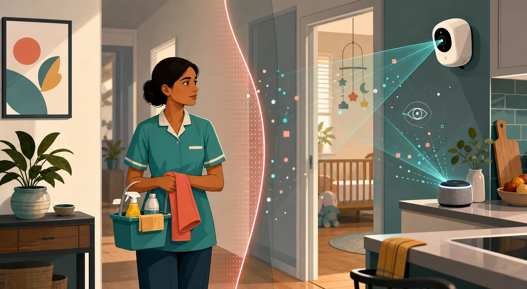 A cartoon domestic worker stands beside a privacy boundary while smart home cameras and speakers cast abstract sensor beams through a home