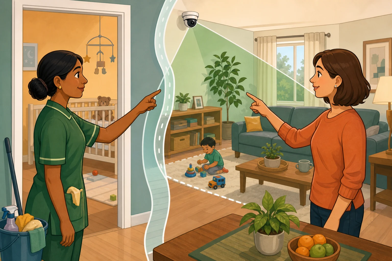 A cartoon domestic worker and employer agree on a visible safe zone where a smart camera beam avoids private space