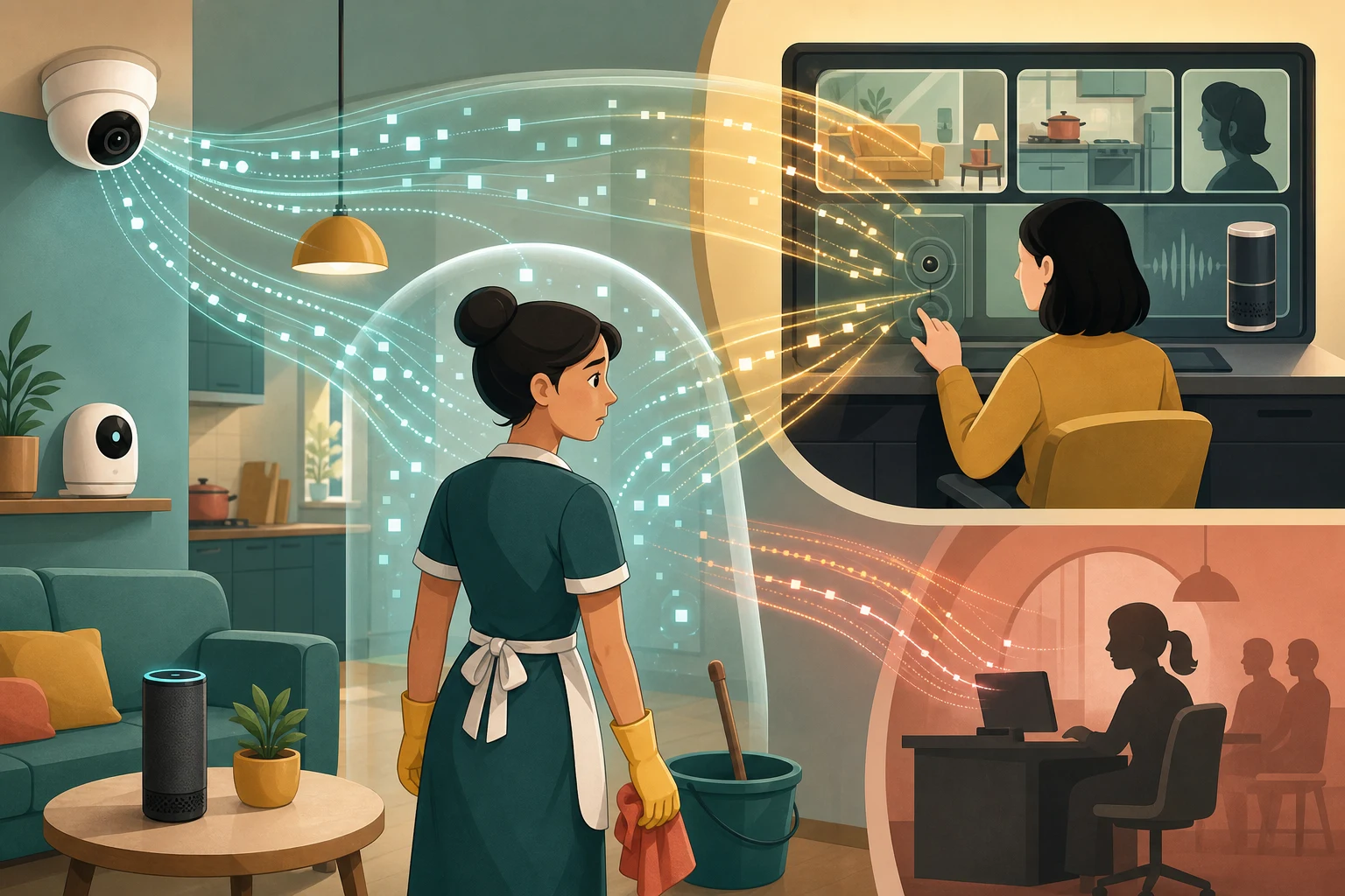 A cartoon domestic worker sees smart home data traces flowing toward an owner dashboard and an agency desk she cannot control