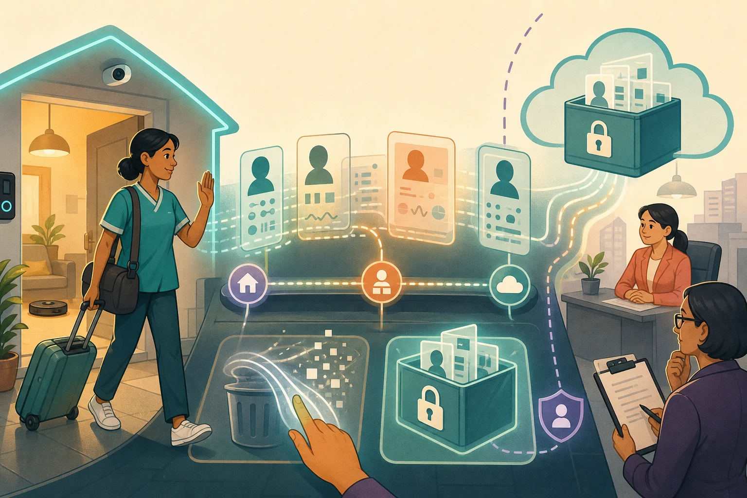A cartoon domestic worker leaves a home while abstract profile cards move through deletion, archive, and agency review boundaries