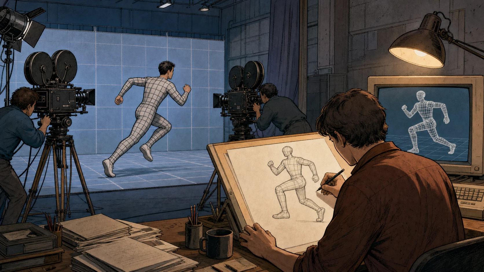 A cartoon runner in a plain grid suit is filmed from two angles while an artist manually traces the pose into a wireframe figure